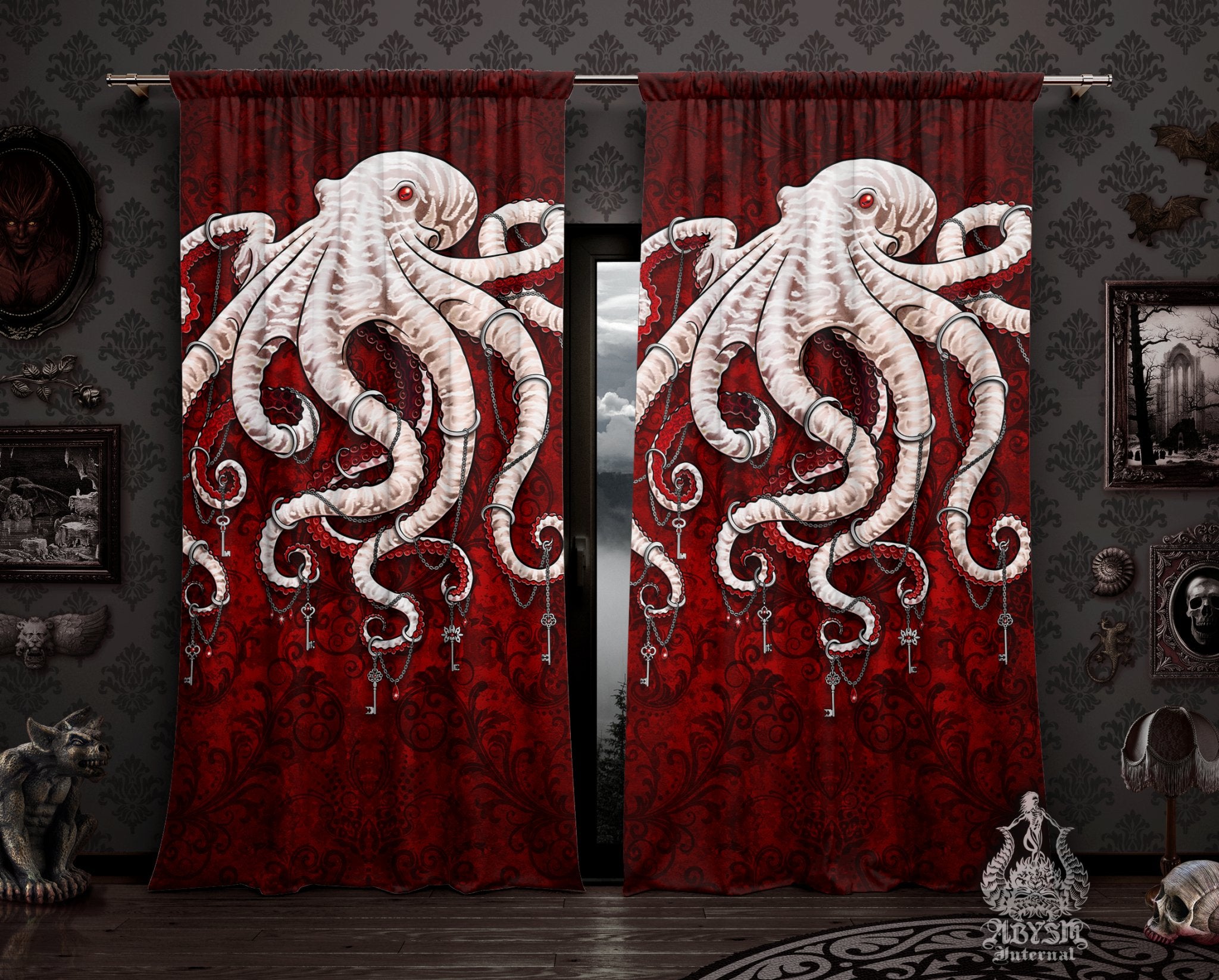 Goth Red Curtains, 50x84' Printed Window Panels, Octopus Art Print, Gothic Home Decor - Bloody White - Abysm Internal