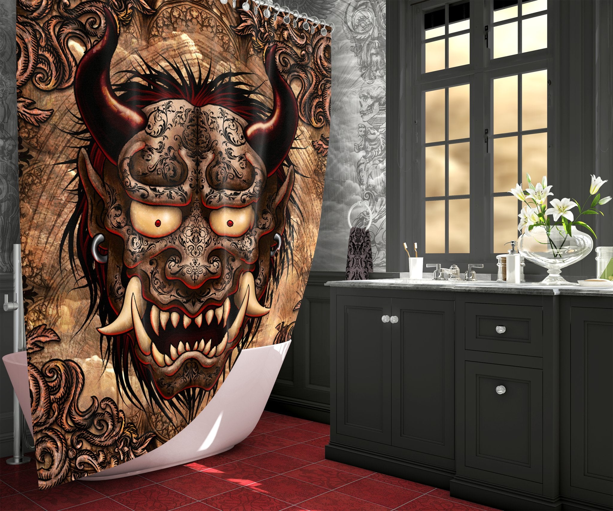 Goth Shower Curtain, 71x74 inches, Gothic Bathroom Decor, Japanese Demon - Grey or Beige Oni, 2 Colors - Abysm Internal