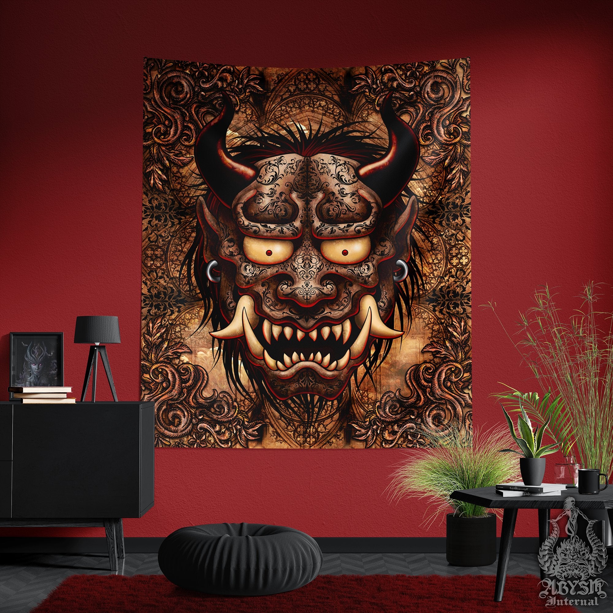 Goth Tapestry, Dark Grunge Wall Hanging, Japanese Oni Demon - Grey or Beige, Gargoyle, 2 Colors - Abysm Internal