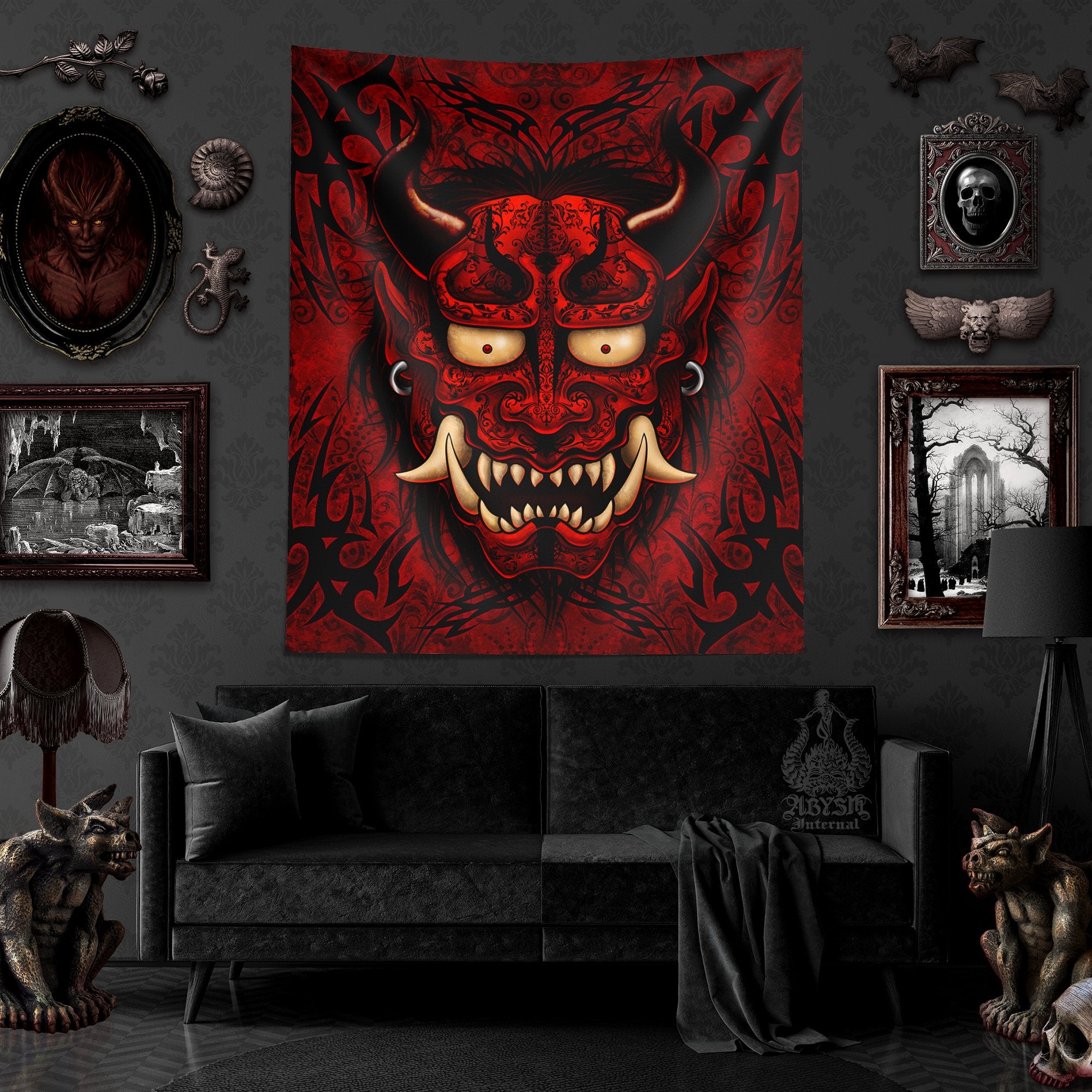 Goth Tapestry, Gothic Wall Hanging, Japanese Demon, Gamer Home Decor, Vertical Art Print - Red & Black Oni - Abysm Internal