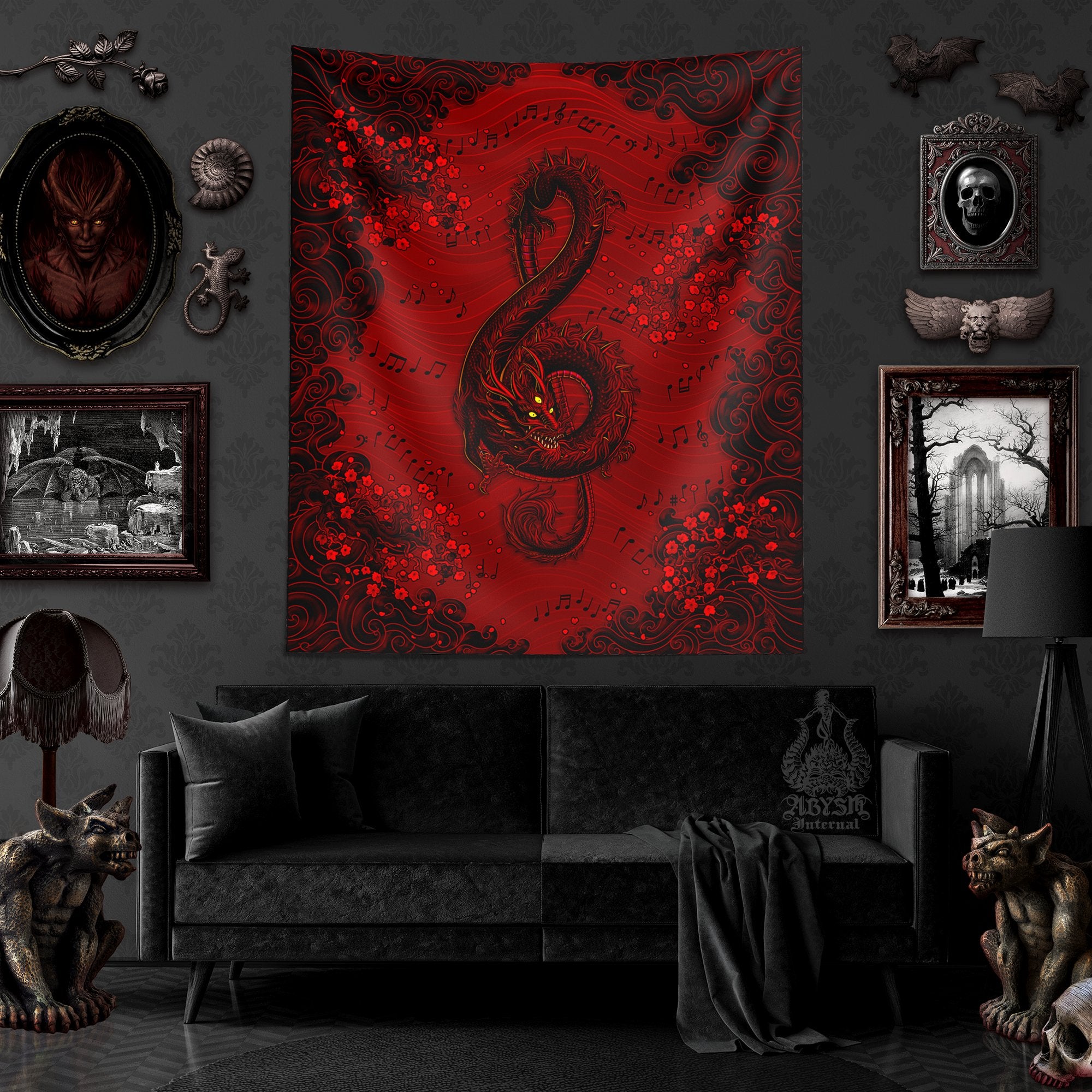 Goth Tapestry, Music Wall Hanging, Fantasy Home Decor, Vertical Art Print - Demon Dragon, Treble Clef - Abysm Internal
