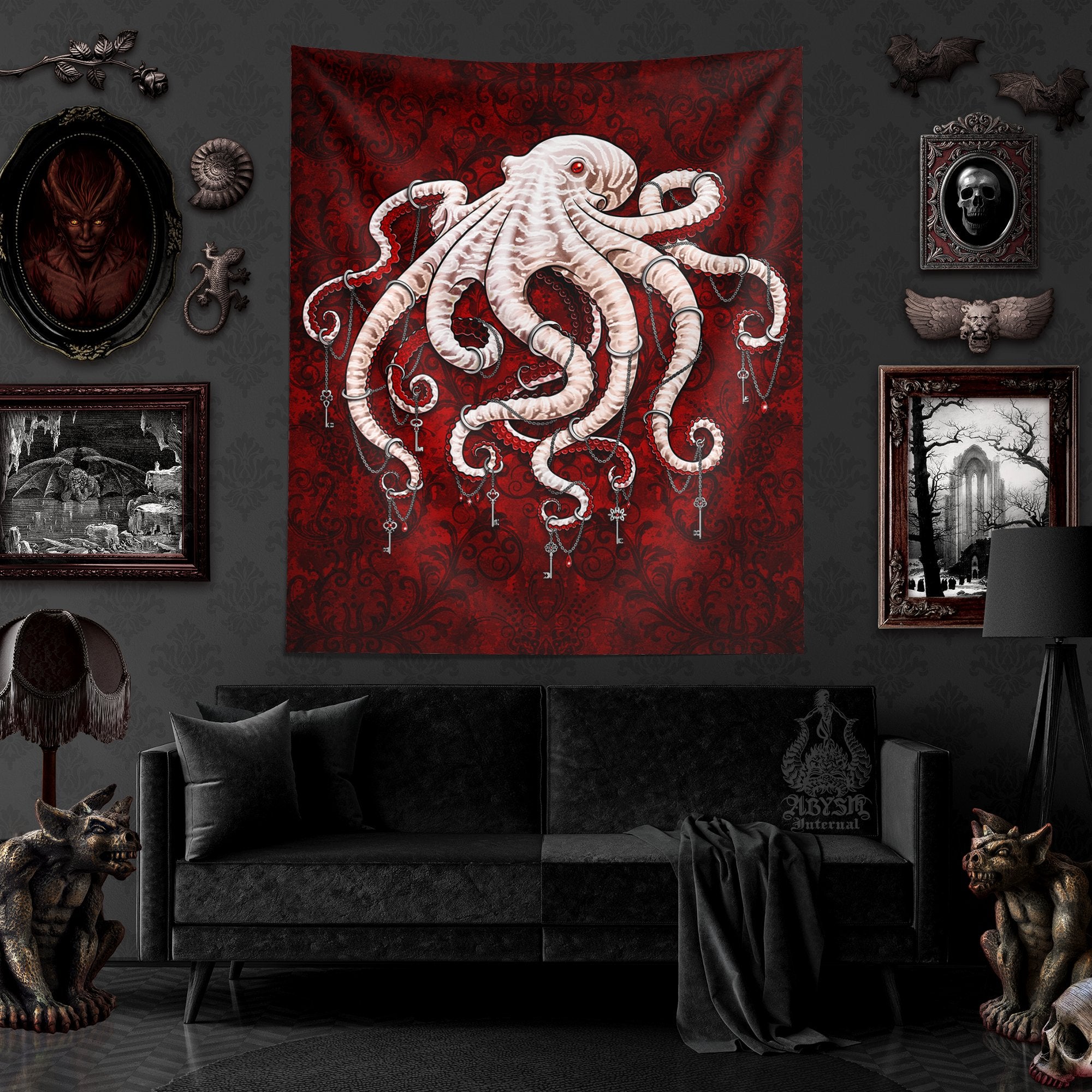Goth Tapestry, Octopus Wall Hanging, Gothic Home Decor, Vertical Art Print - Bloody Red White - Abysm Internal