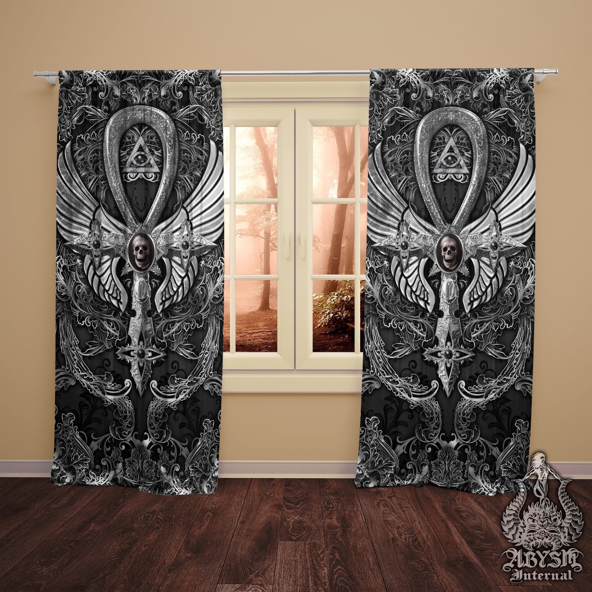 Gothic Ankh Curtains, 50x84' Printed Window Panels, Goth Home Decor, Black, Dark Cross Art Print - Red, Gold, White, 3 Colors - Abysm Internal