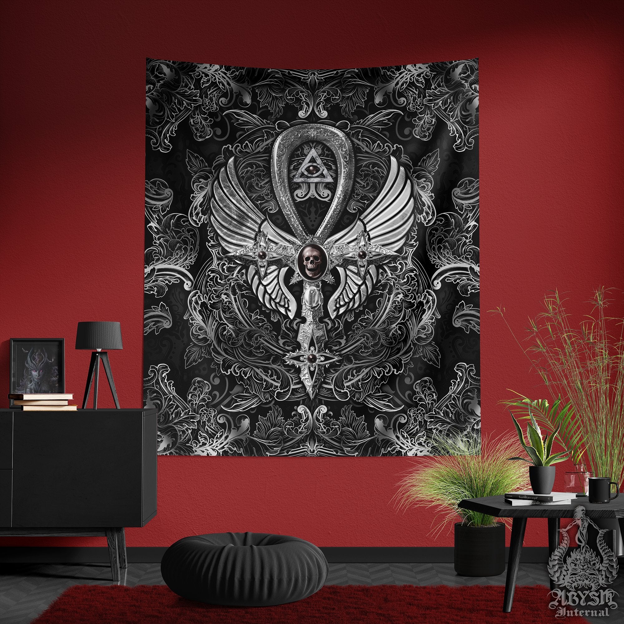 Gothic Ankh Tapestry, Goth Cross Wall Hanging, Occult Home Decor, Vertical Art Print - Dark Black, White, Gold, Red, 3 Colors - Abysm Internal