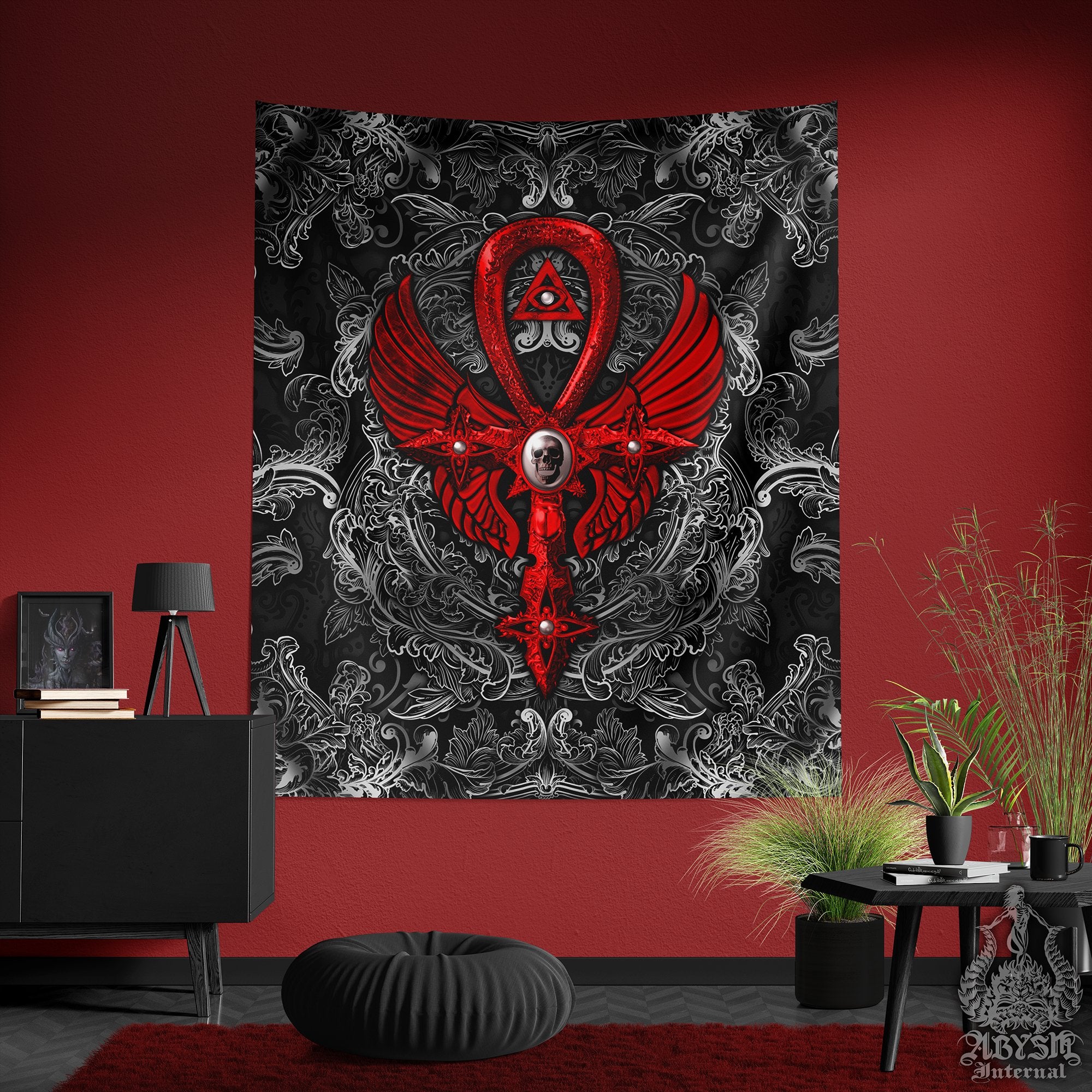 Gothic Ankh Tapestry, Goth Cross Wall Hanging, Occult Home Decor, Vertical Art Print - Dark Black, White, Gold, Red, 3 Colors - Abysm Internal