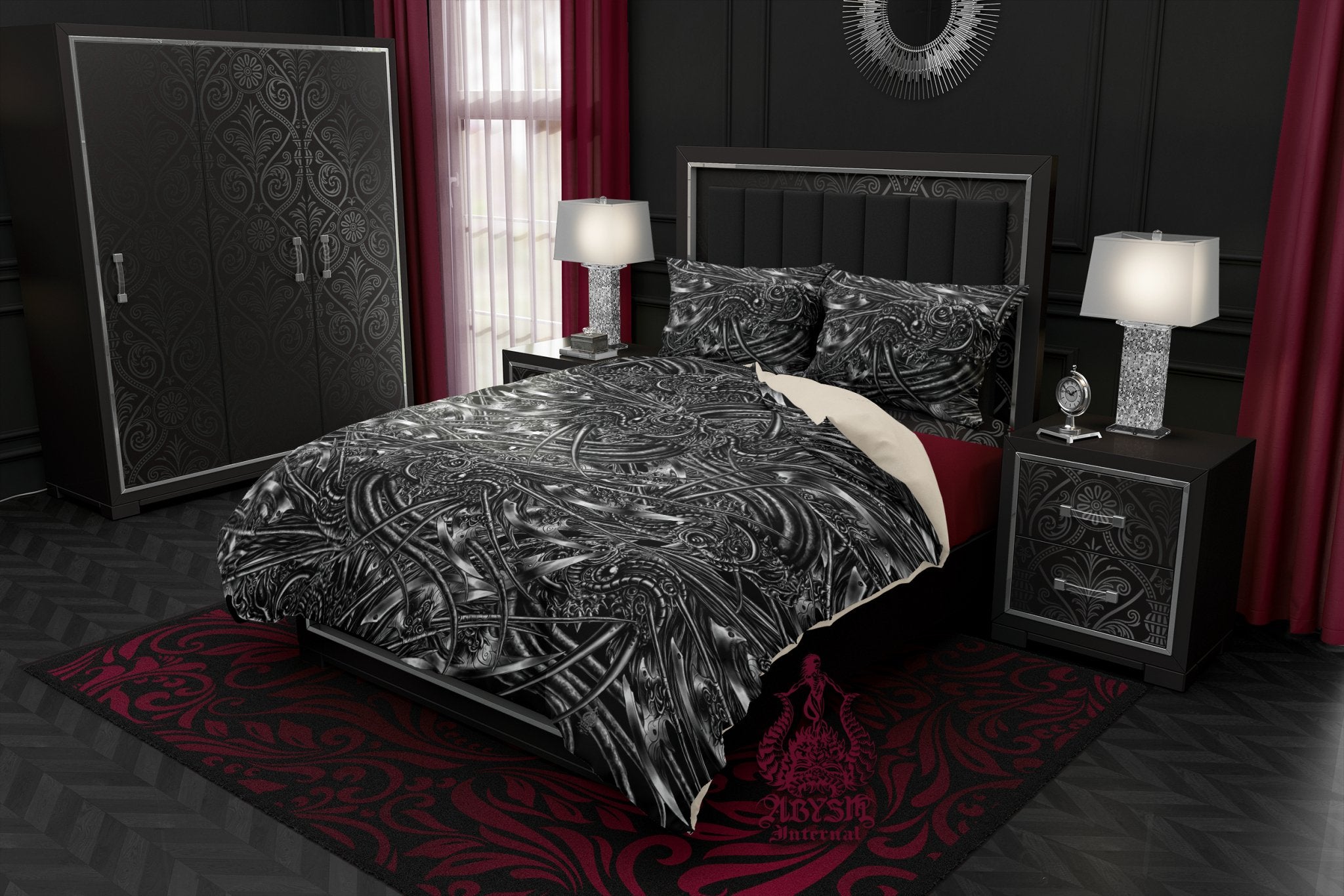 Gothic Bedding Set, Comforter or Duvet, Dark Tattoo Art Print, Alien Room, Abstract Black and White Alternative Bed Cover, Bedroom Decor, King, Queen & Twin Size - Abysm Internal