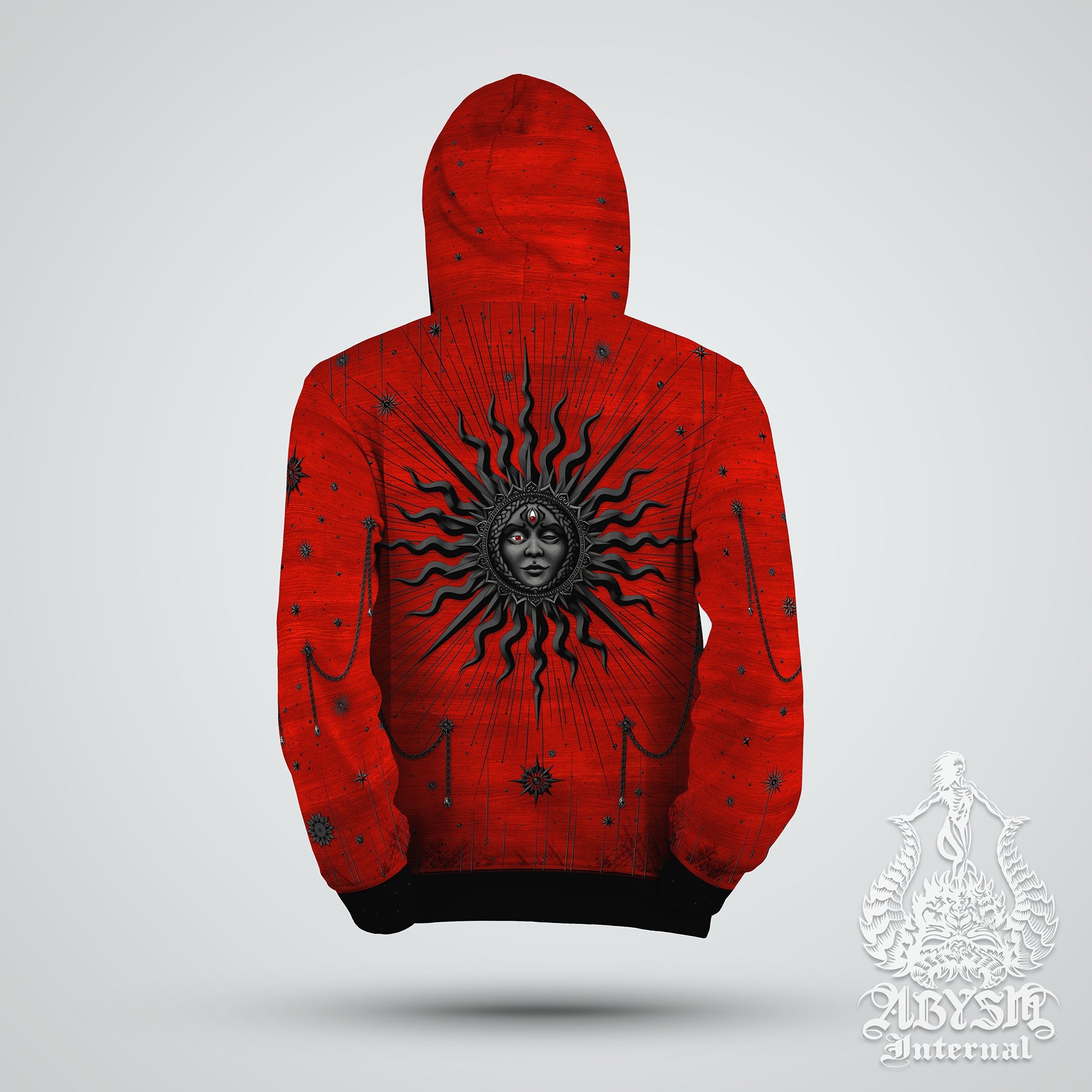 Gothic Black Sun Hoodie, Red Witch Pullover, Wizard Sweater, Bloody Tarot Arcana Outfit, Goth Magic, Esoteric Streetwear, Alternative Clothing, Unisex - Abysm Internal