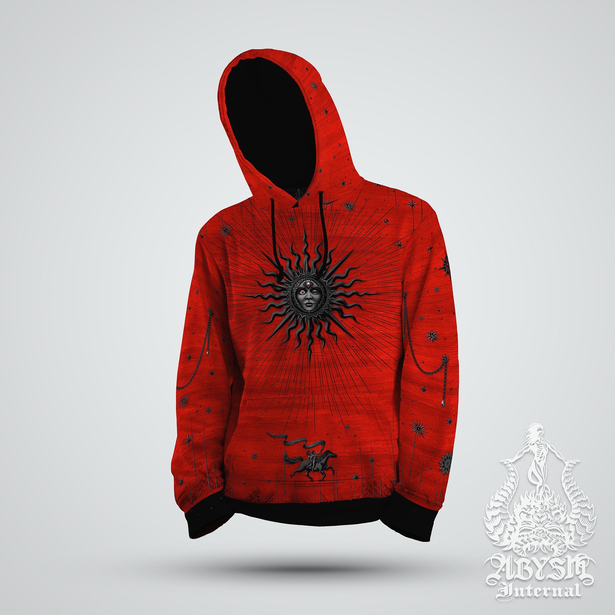 Gothic Black Sun Hoodie, Red Witch Pullover, Wizard Sweater, Bloody Tarot Arcana Outfit, Goth Magic, Esoteric Streetwear, Alternative Clothing, Unisex - Abysm Internal