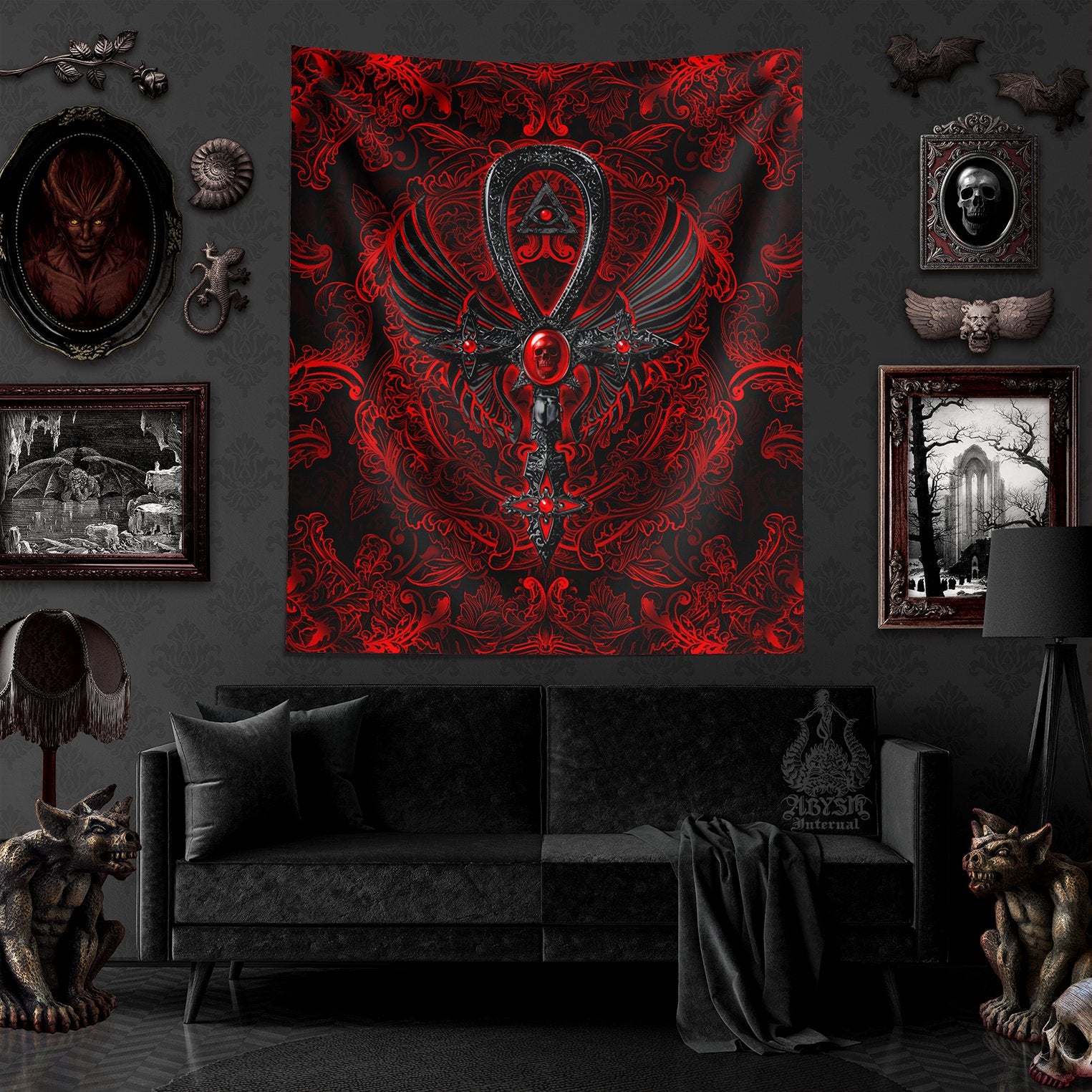 Gothic Cross Tapestry, Goth Wall Hanging, Occult Home Decor, Vertical Art Print - Dark Red & Black Ankh - Abysm Internal