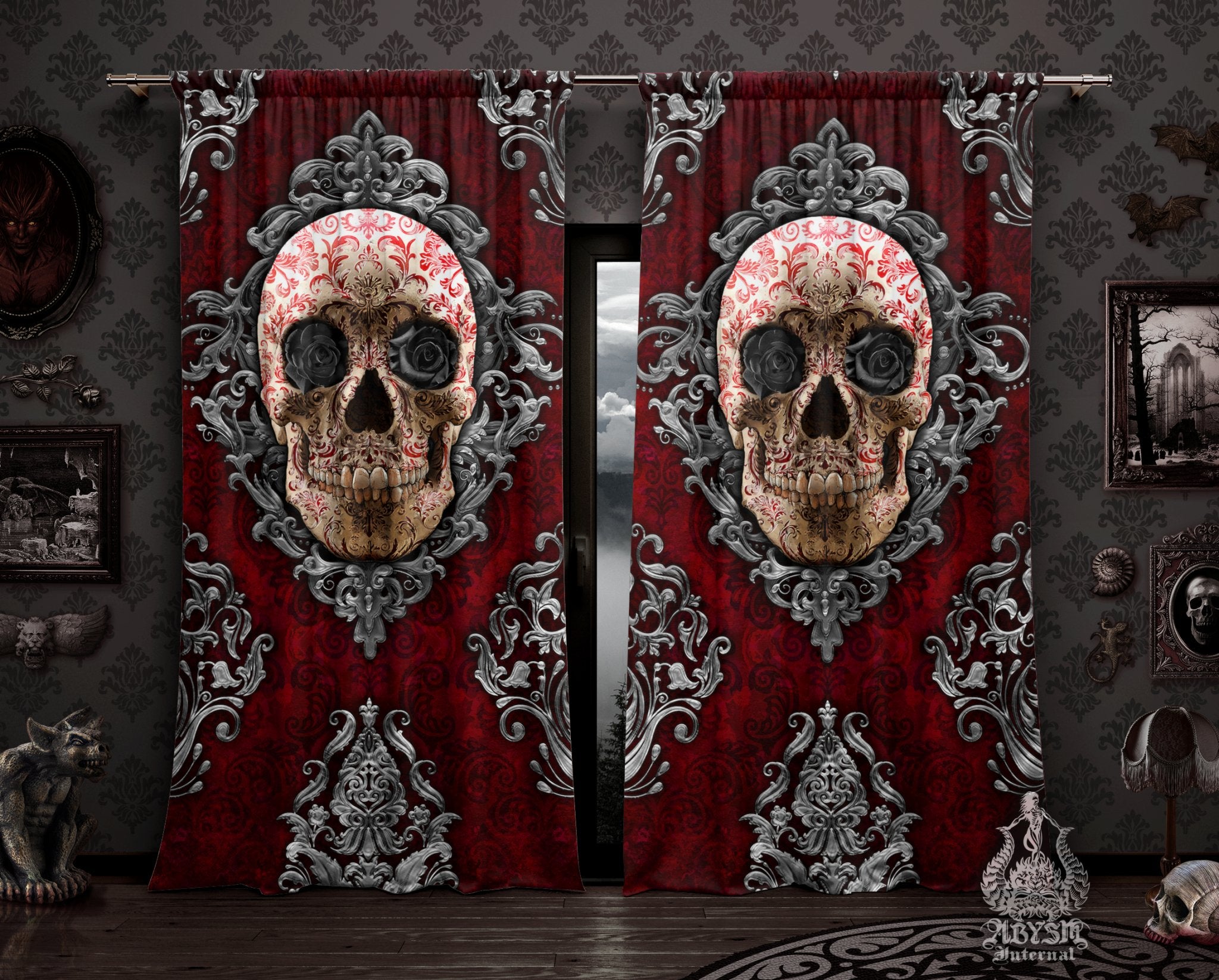 Gothic Curtains, 50x84' Printed Window Panels, Macabre Art Print, Skull Room Decor - Abysm Internal