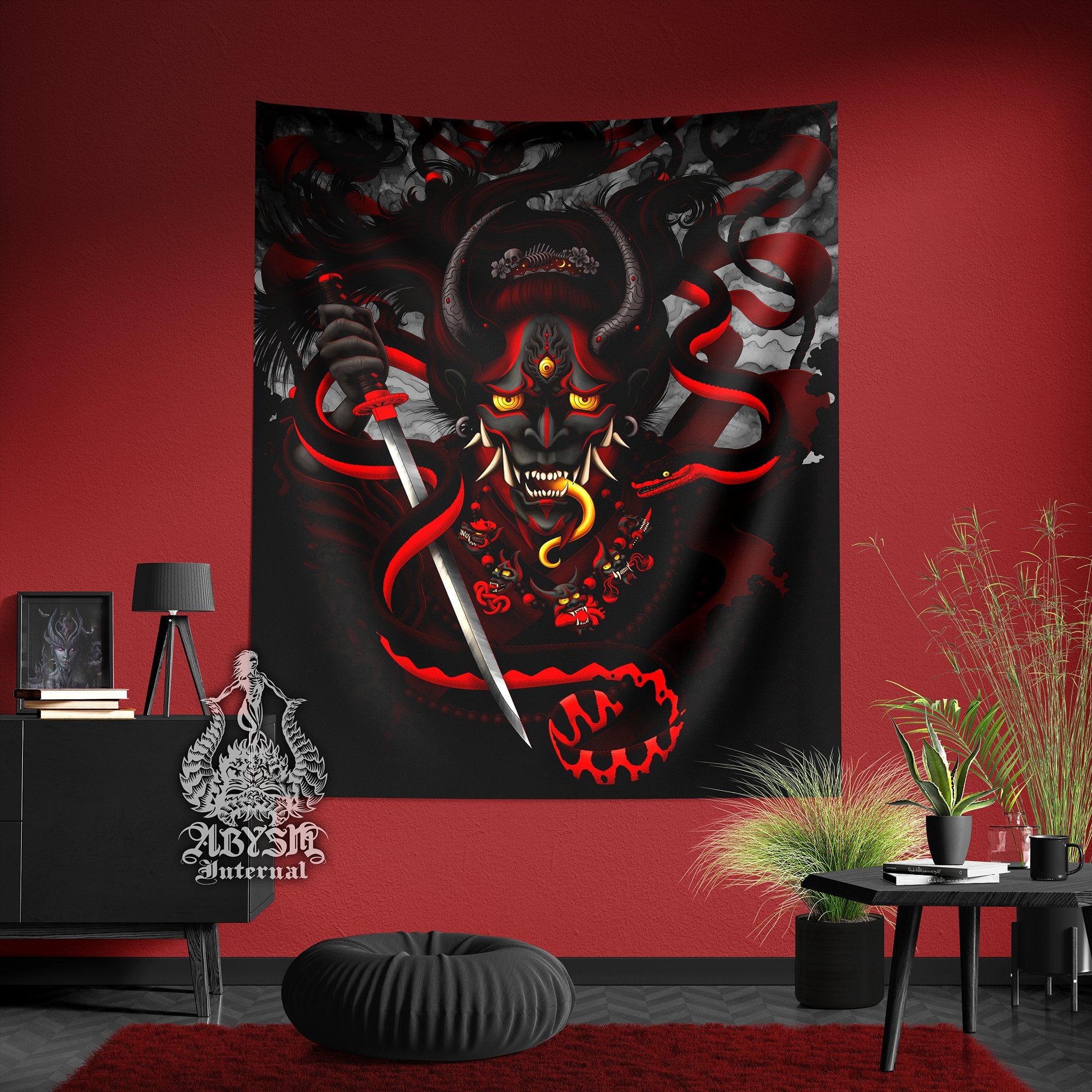 Gothic Demon Tapestry, Goth Japanese Hannya and Snake Wall Hanging, Manga, Anime and Gamer Room Decor, Vertical Art Print - Black red - Abysm Internal