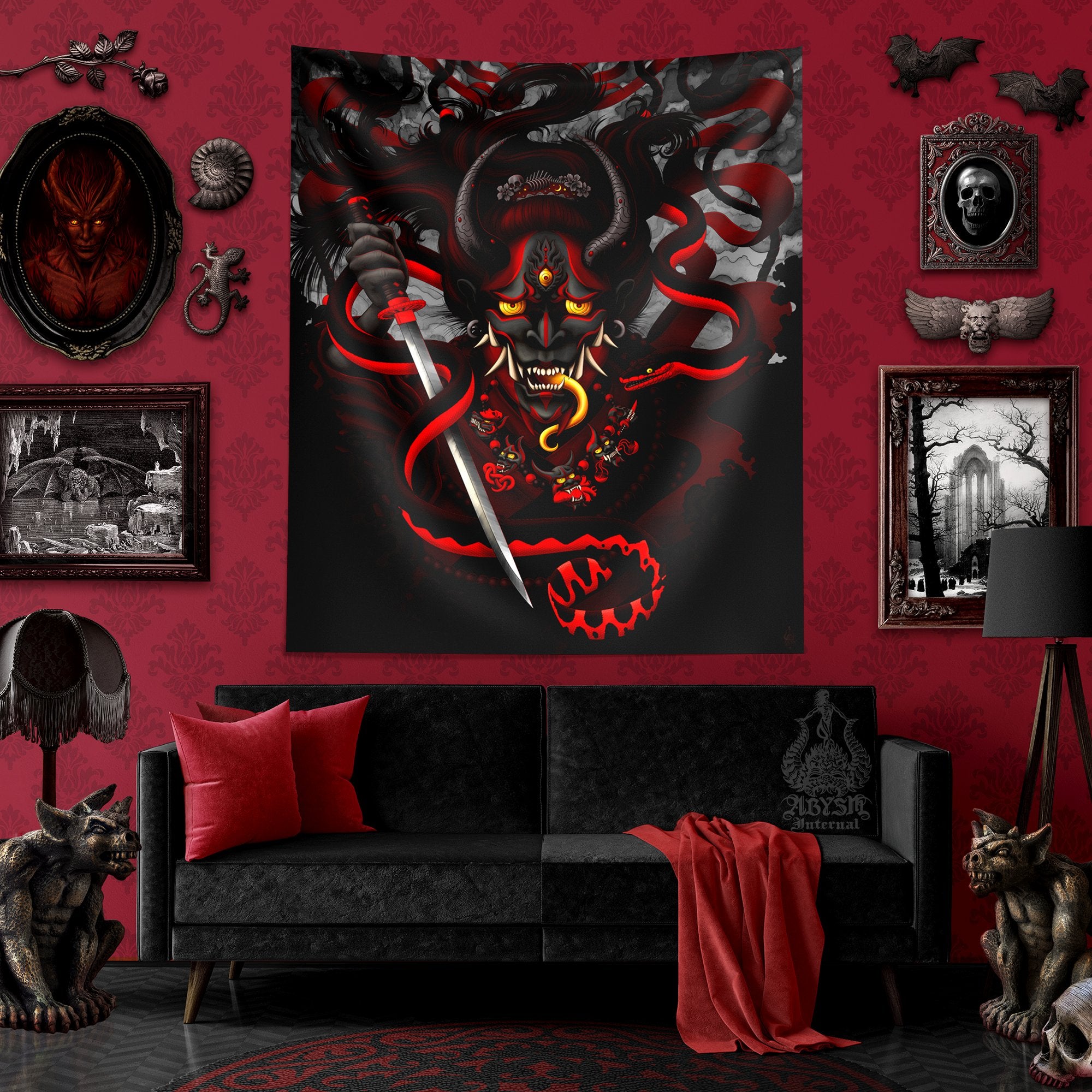Gothic Demon Tapestry, Goth Japanese Hannya and Snake Wall Hanging, Manga, Anime and Gamer Room Decor, Vertical Art Print - Black red - Abysm Internal