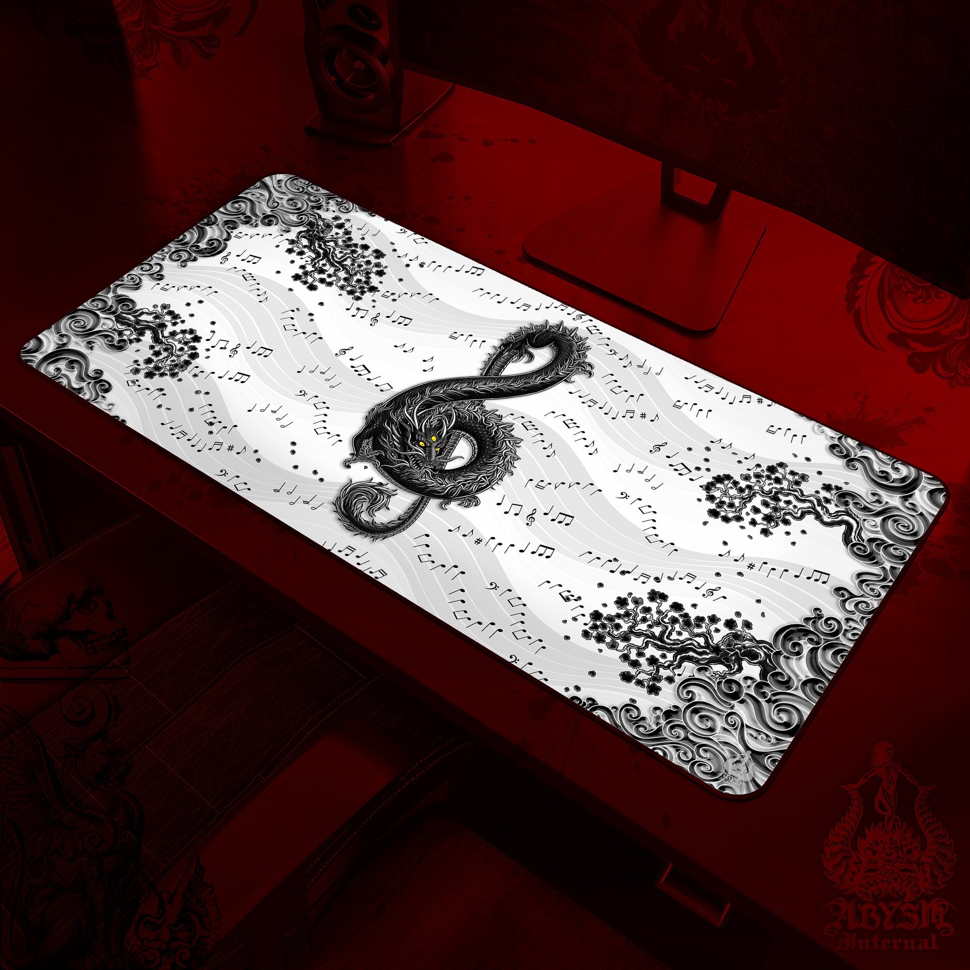Gothic Dragon Gaming Desk Mat, Music Mouse Pad, White Goth Table Protector Cover, Asian Workpad, Treble Clef Art Print - Black, 2 Options - Abysm Internal