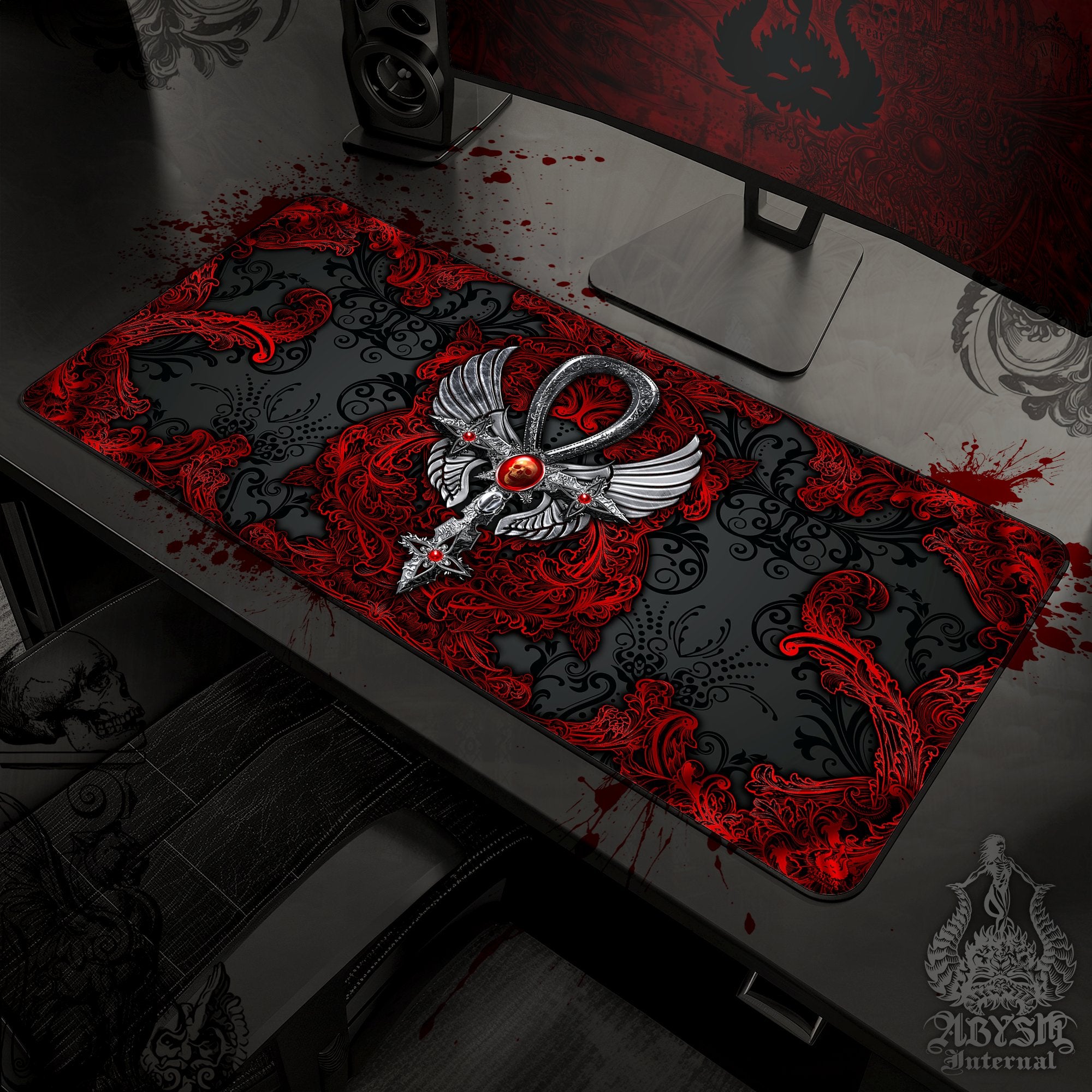 Gothic Gaming Mouse Pad, Goth Desk Mat, Silver Ankh Table Protector Cover, Black and Red Workpad, Dark Art Print - 2 Colors - Abysm Internal