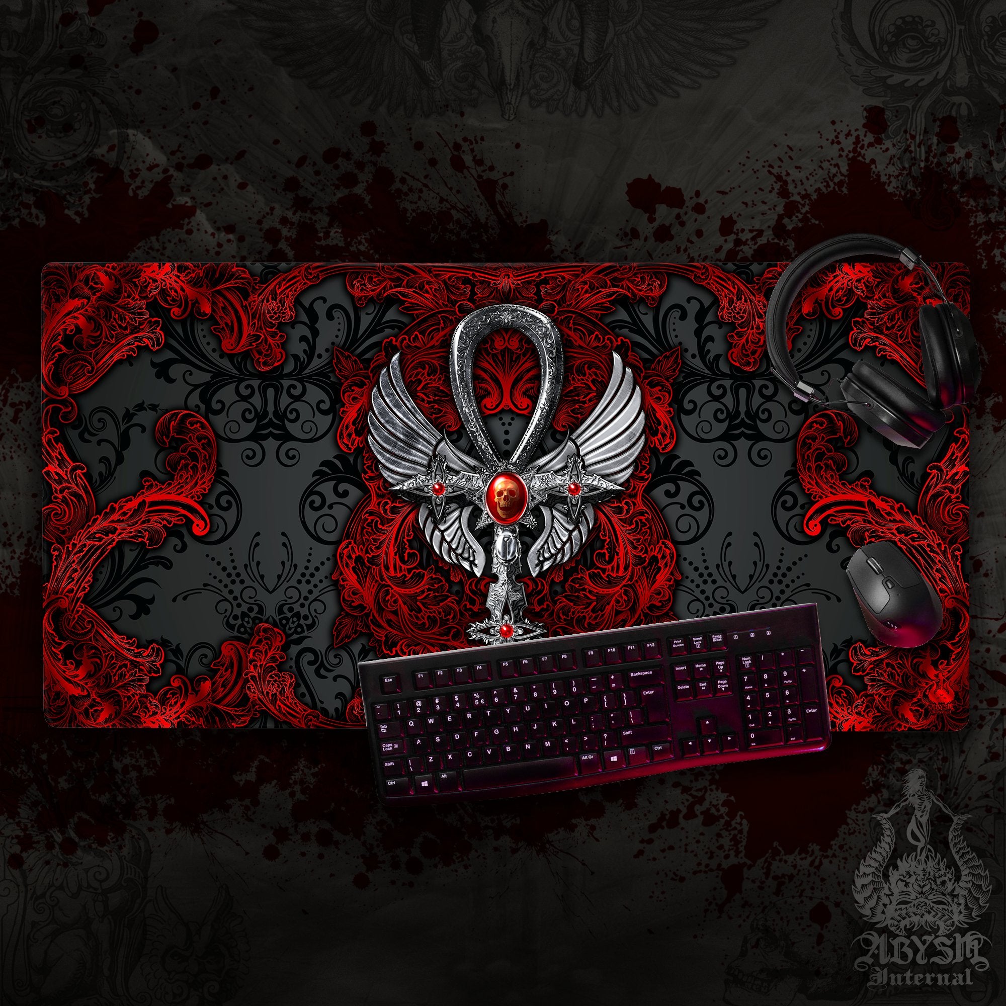 Gothic Gaming Mouse Pad, Goth Desk Mat, Silver Ankh Table Protector Cover, Black and Red Workpad, Dark Art Print - 2 Colors - Abysm Internal