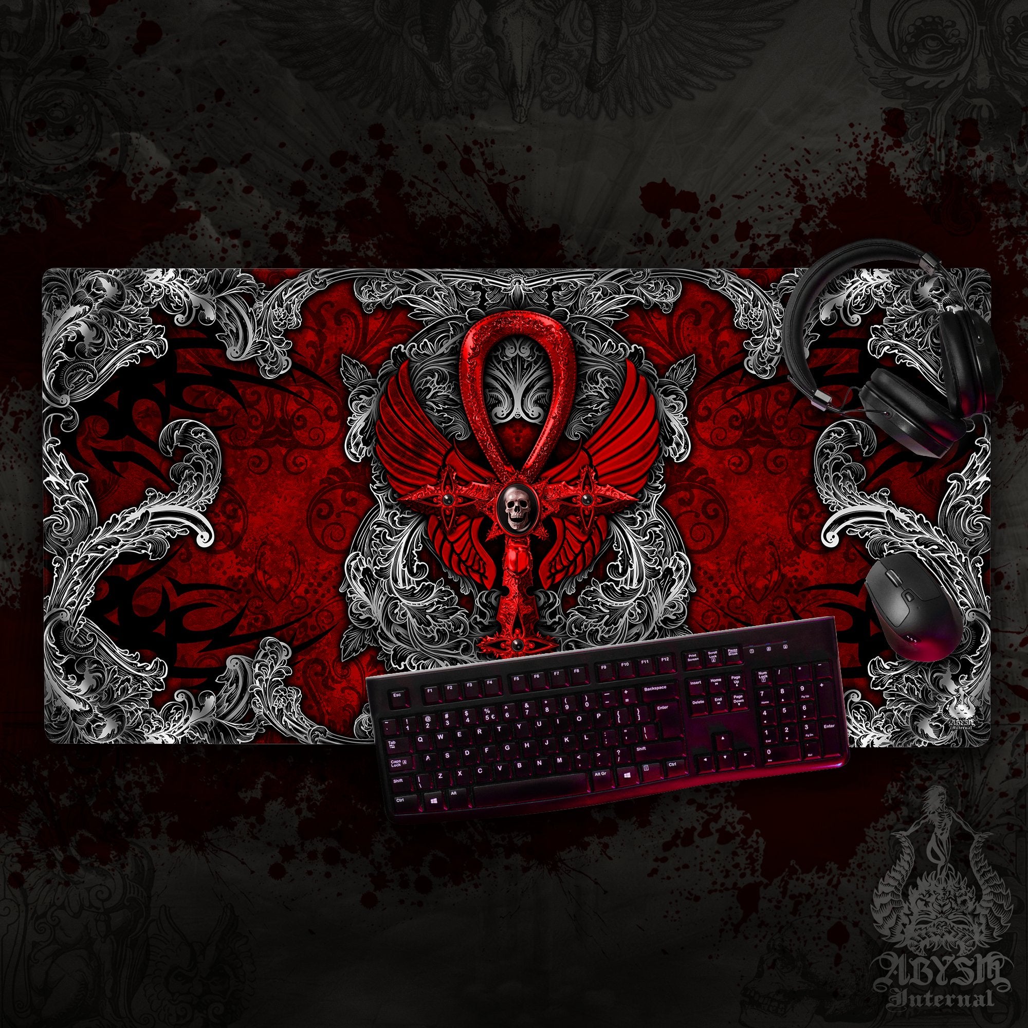 Gothic Gaming Mouse Pad, Goth Desk Mat, Silver Ankh Table Protector Cover, Black and Red Workpad, Dark Art Print - 2 Colors - Abysm Internal