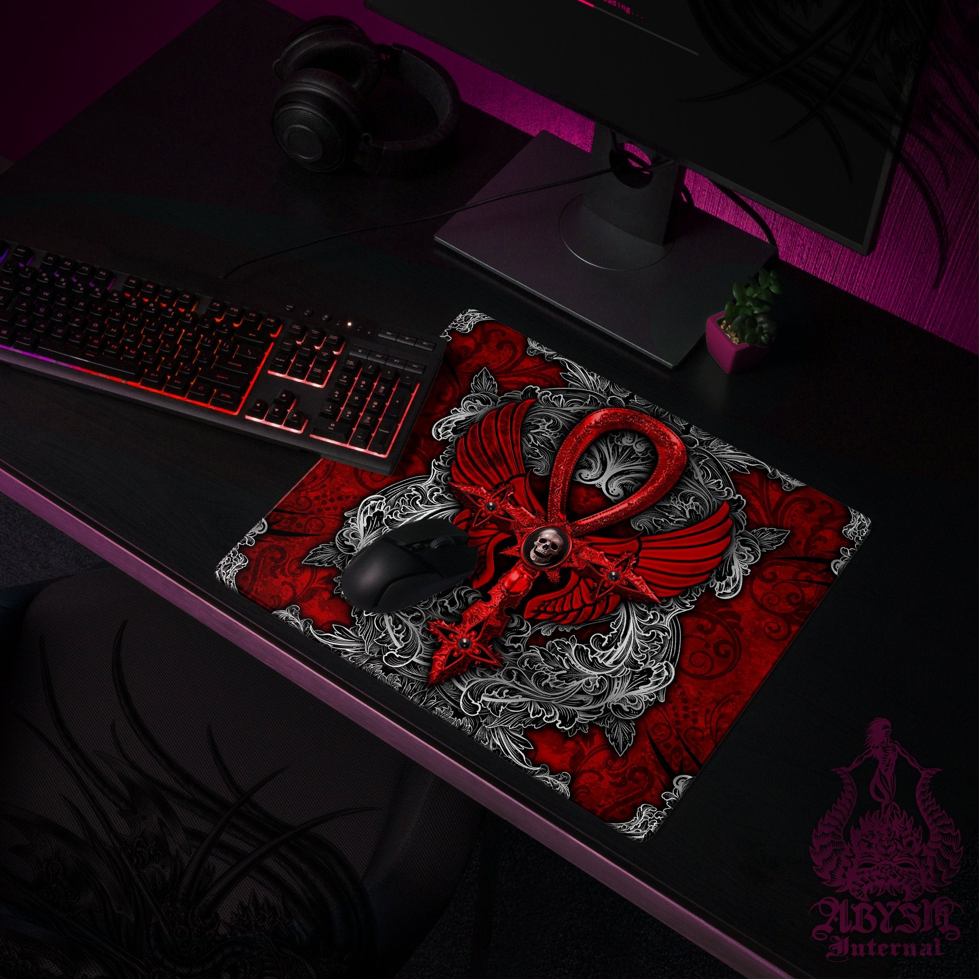 Gothic Gaming Mouse Pad, Goth Desk Mat, Silver Ankh Table Protector Cover, Black and Red Workpad, Dark Art Print - 2 Colors - Abysm Internal