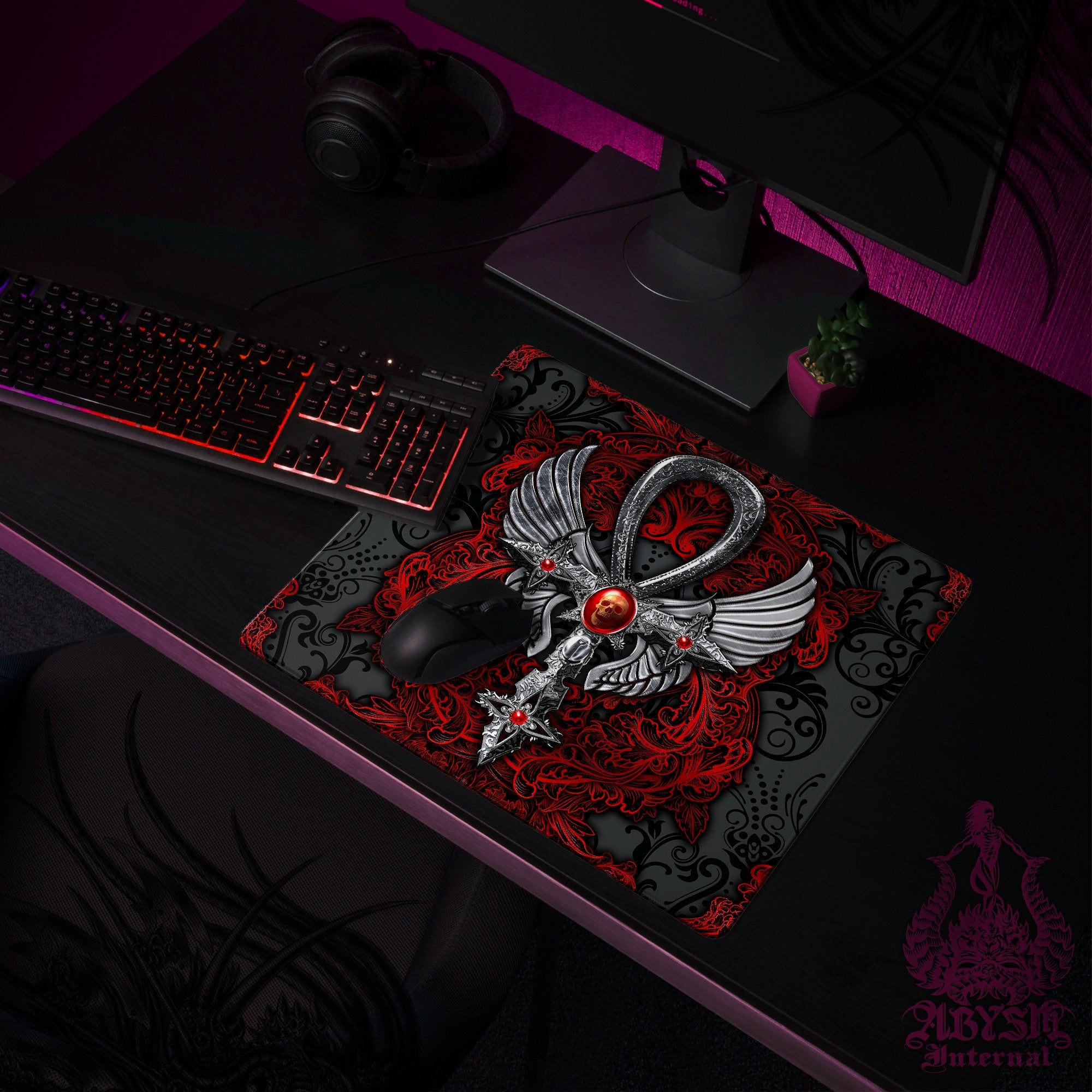 Gothic Gaming Mouse Pad, Goth Desk Mat, Silver Ankh Table Protector Cover, Black and Red Workpad, Dark Art Print - 2 Colors - Abysm Internal