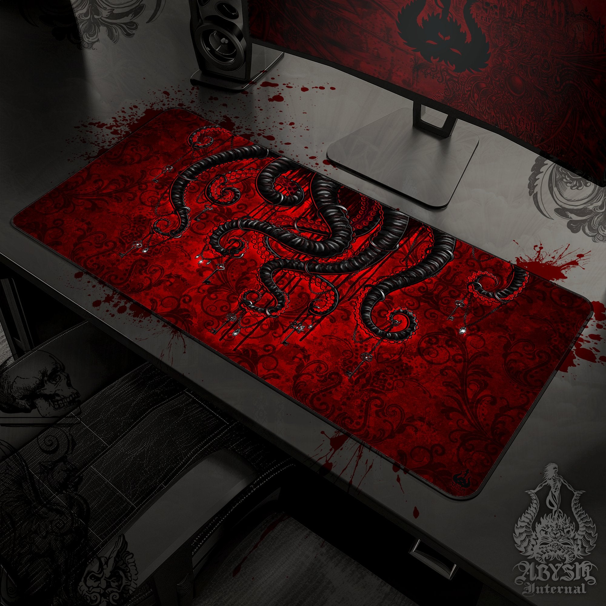 Gothic Gaming Mouse Pad, Octopus Desk Mat, Bloody Goth Table Protector Cover, Black Tentacles Workpad, Fantasy Art Print - Red - Abysm Internal
