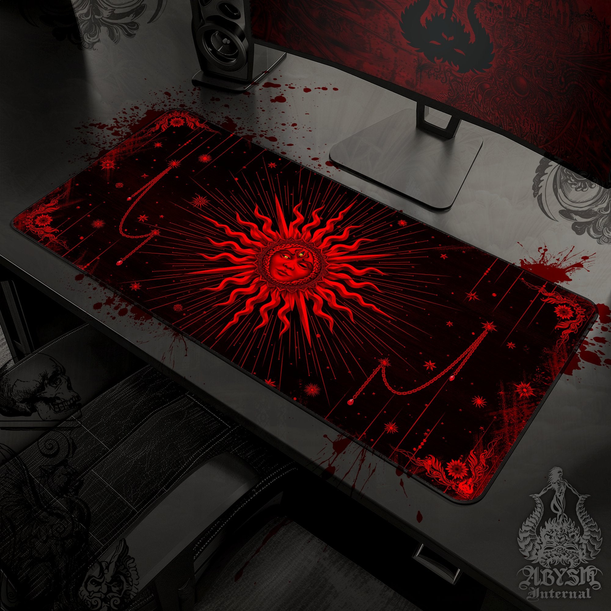 Gothic Gaming Mouse Pad, Red Sun Desk Mat, Goth Tarot Arcana Table Protector Cover, Witchy Workpad, Esoteric Art Print - Black - Abysm Internal