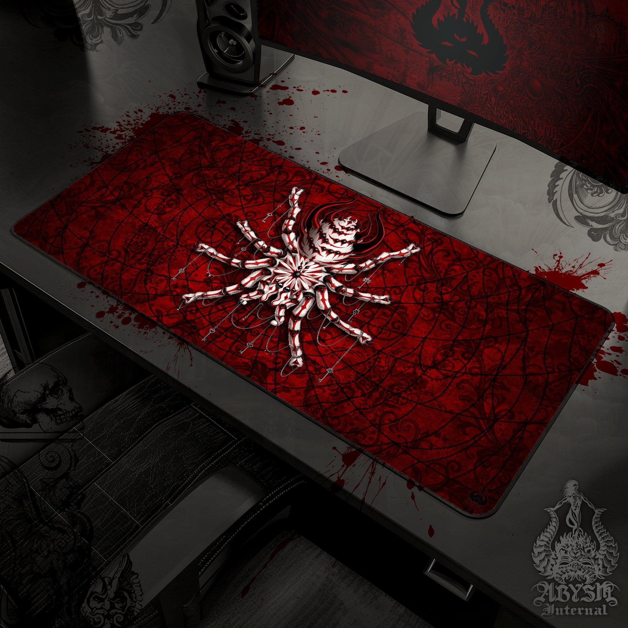Gothic Gaming Mouse Pad, Spider Desk Mat, Tarantula Table Protector Cover, Halloween Workpad, Bloody Goth Art Print - 2 Colors - Abysm Internal