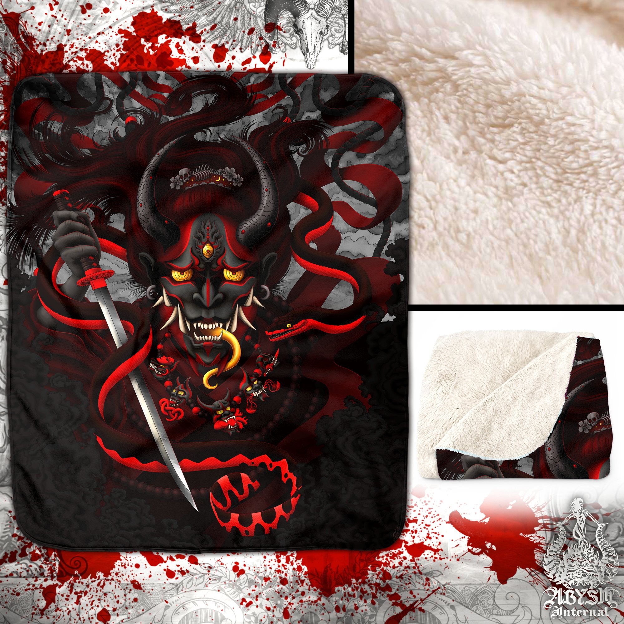 Gothic Hannya and Snake Sherpa Fleece Throw Blanket, Japanese Demon, Goth Anime and Gamer Room Decor - Black Red - Abysm Internal