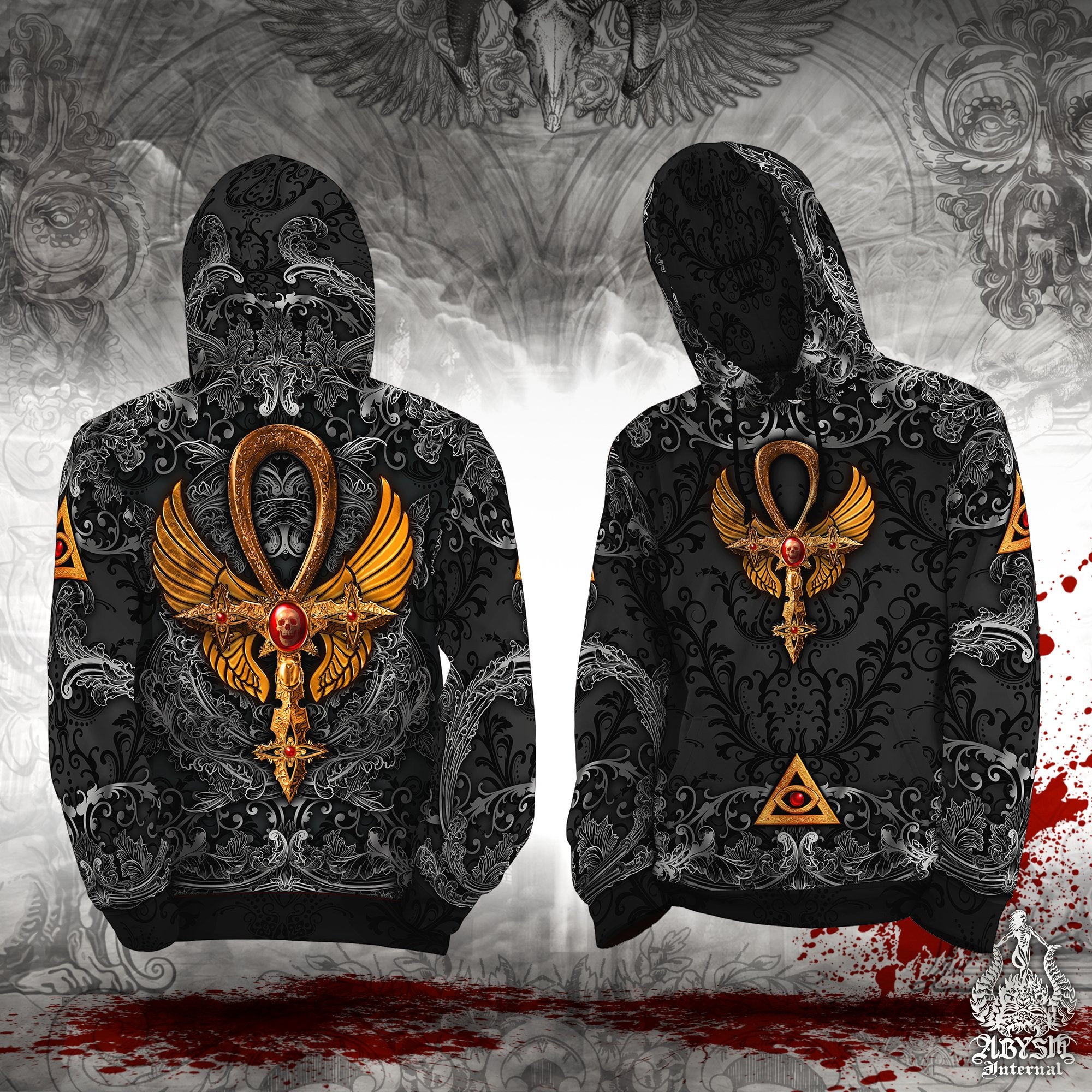 Gothic Hoodie, Black Sweater, Goth Streetwear, Dark Skater Pullover, Alternative Clothing, Unisex - Ankh Cross, Red, White or Gold, 3 Colors - Abysm Internal