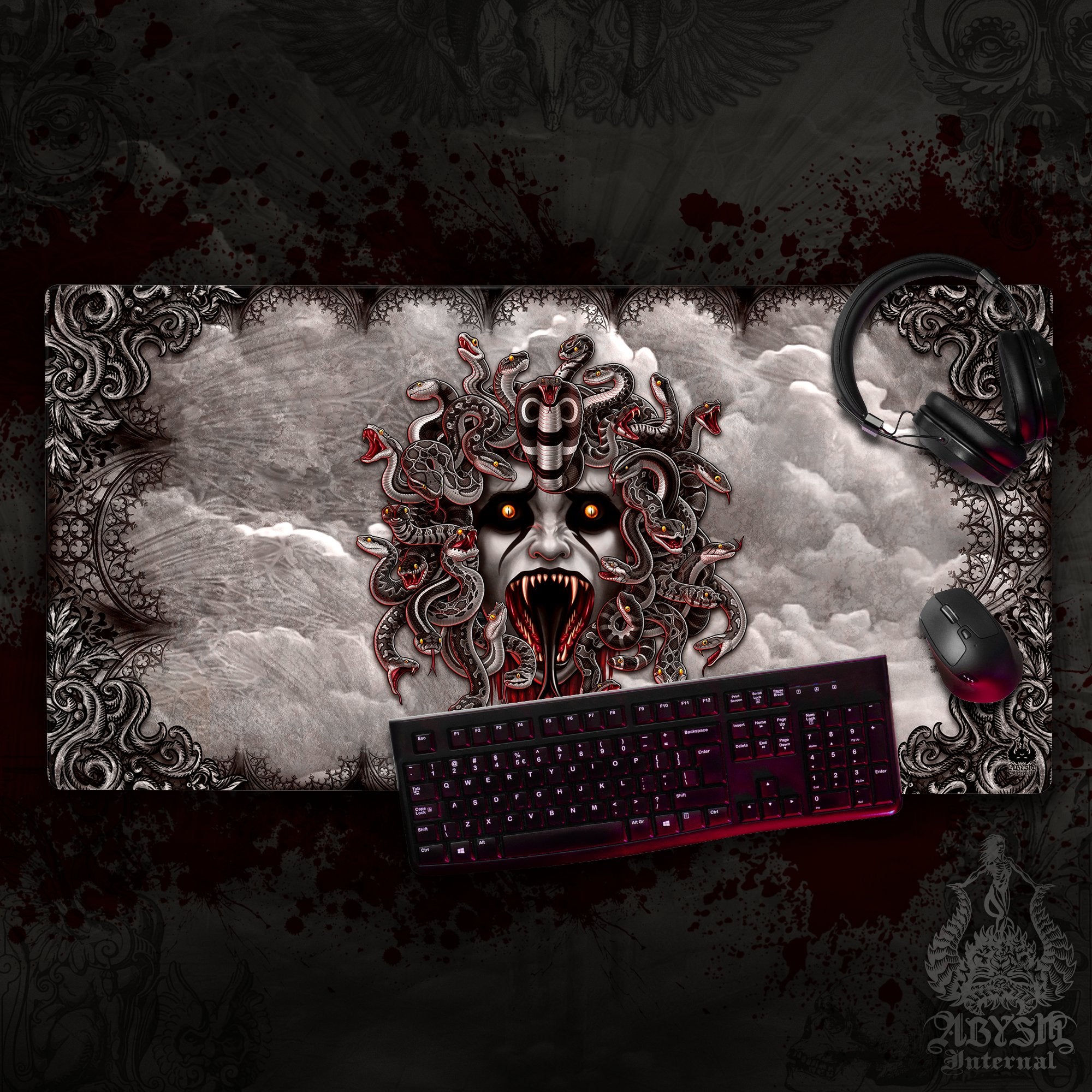 Gothic Horror Gaming Desk Mat, Medusa Mouse Pad, Skull Table Protector Cover, Goth Workpad, Dark Fantasy Art Print - Grey, 4 Face Options - Abysm Internal