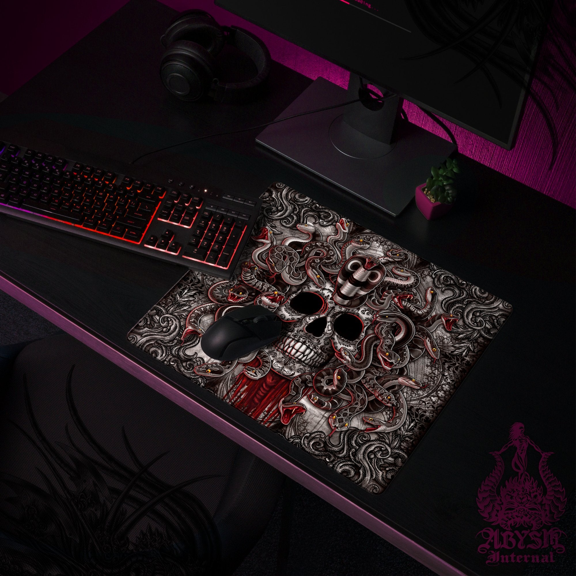 Gothic Horror Gaming Desk Mat, Medusa Mouse Pad, Skull Table Protector Cover, Goth Workpad, Dark Fantasy Art Print - Grey, 4 Face Options - Abysm Internal