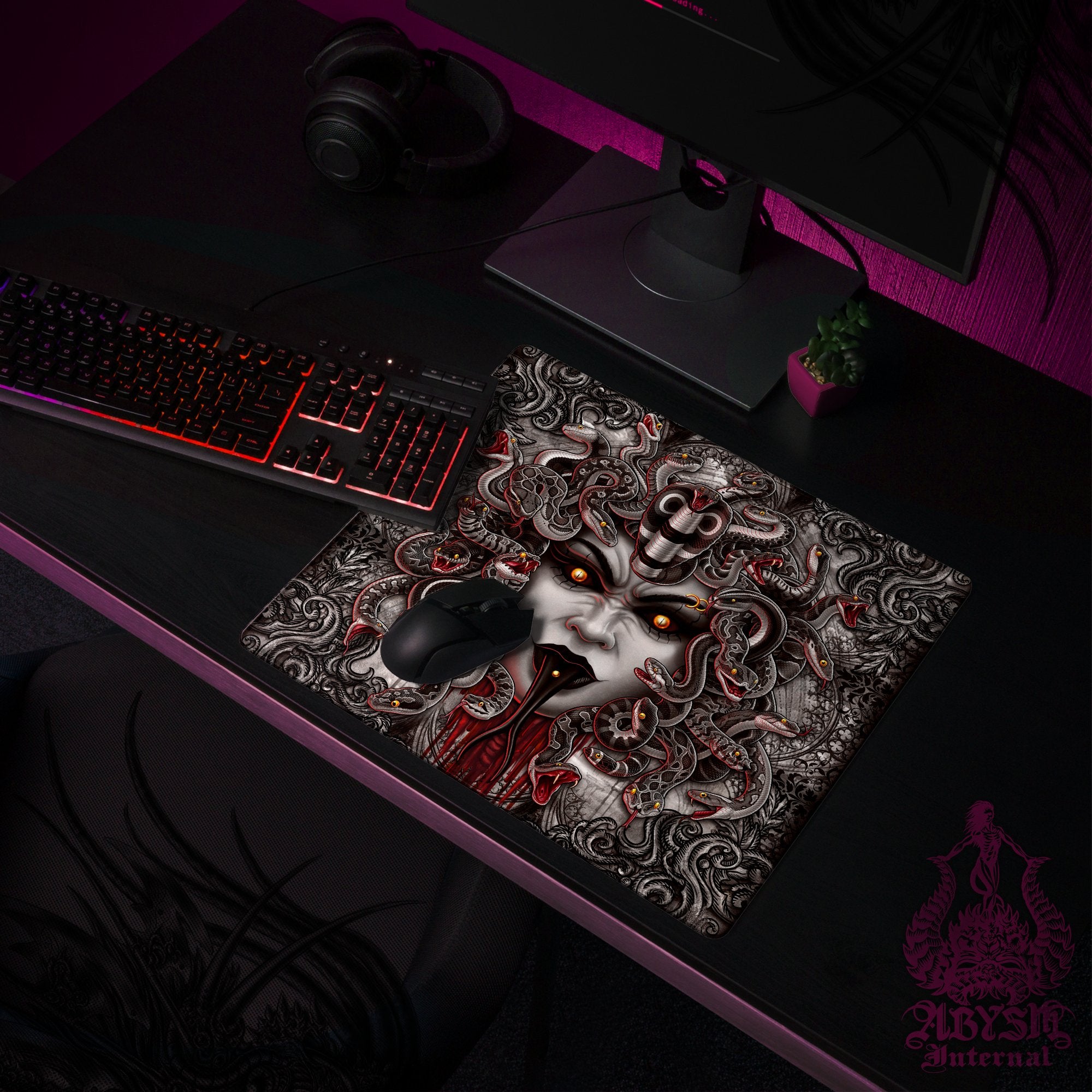 Gothic Horror Gaming Desk Mat, Medusa Mouse Pad, Skull Table Protector Cover, Goth Workpad, Dark Fantasy Art Print - Grey, 4 Face Options - Abysm Internal