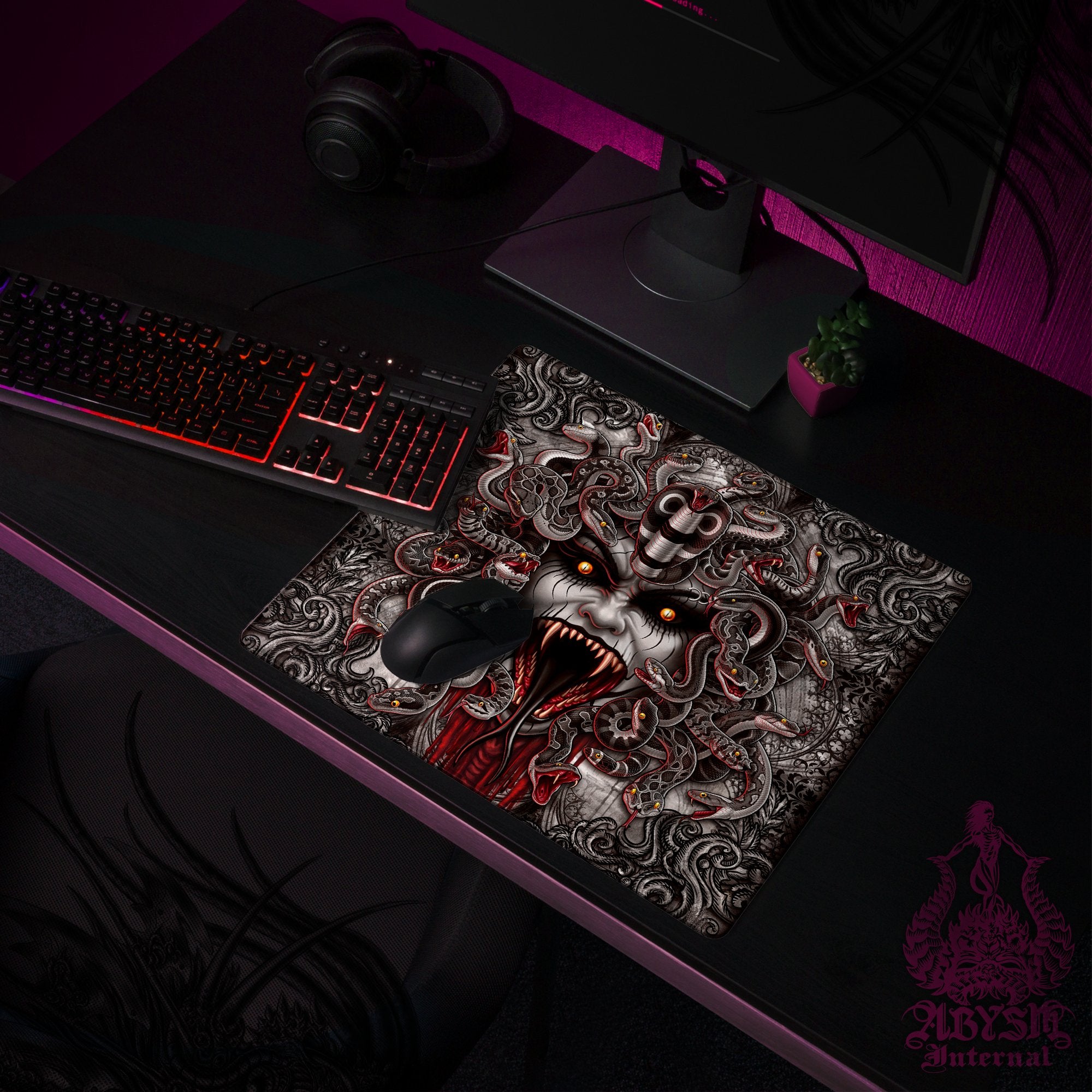 Gothic Horror Gaming Desk Mat, Medusa Mouse Pad, Skull Table Protector Cover, Goth Workpad, Dark Fantasy Art Print - Grey, 4 Face Options - Abysm Internal