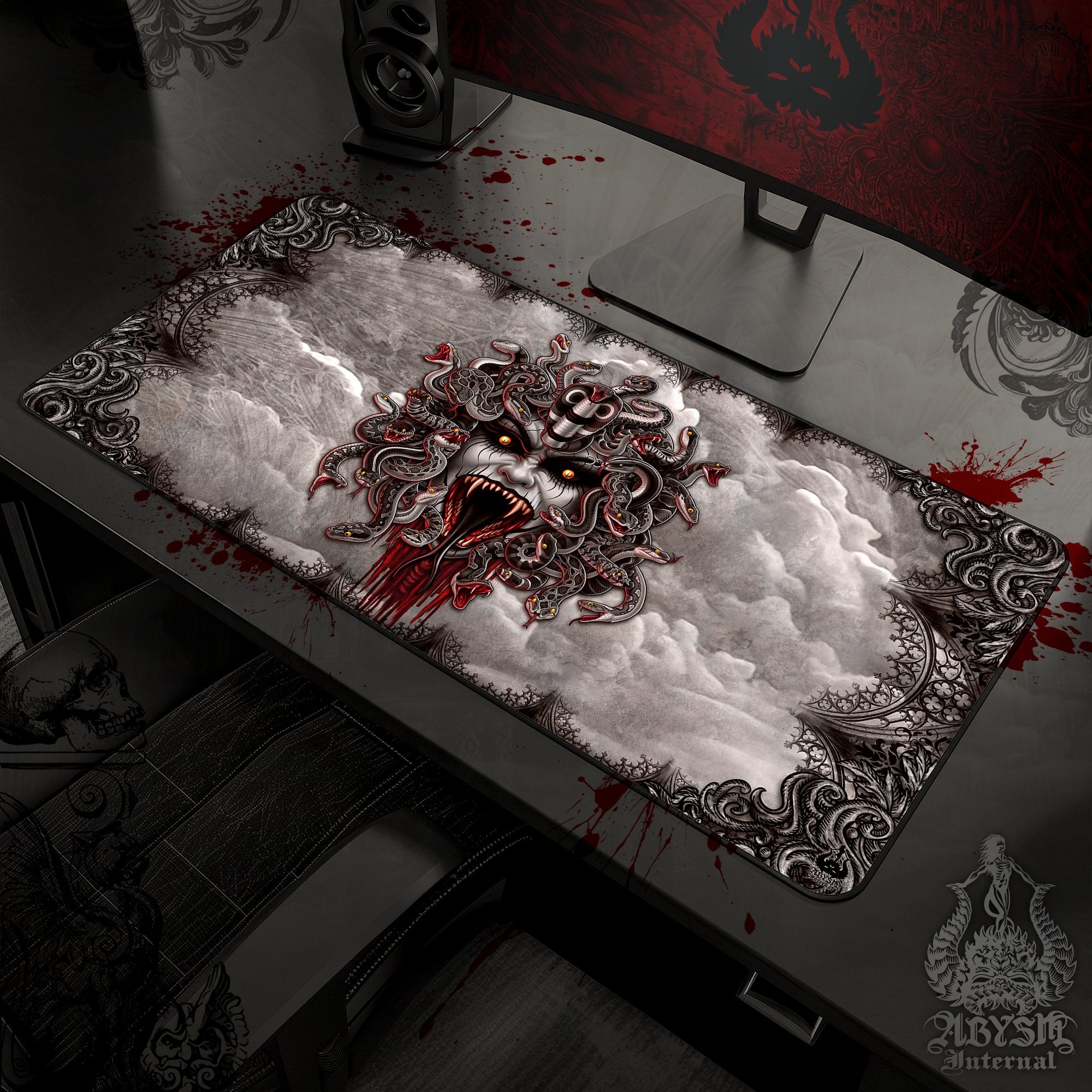 Gothic Horror Gaming Desk Mat, Medusa Mouse Pad, Skull Table Protector Cover, Goth Workpad, Dark Fantasy Art Print - Grey, 4 Face Options - Abysm Internal