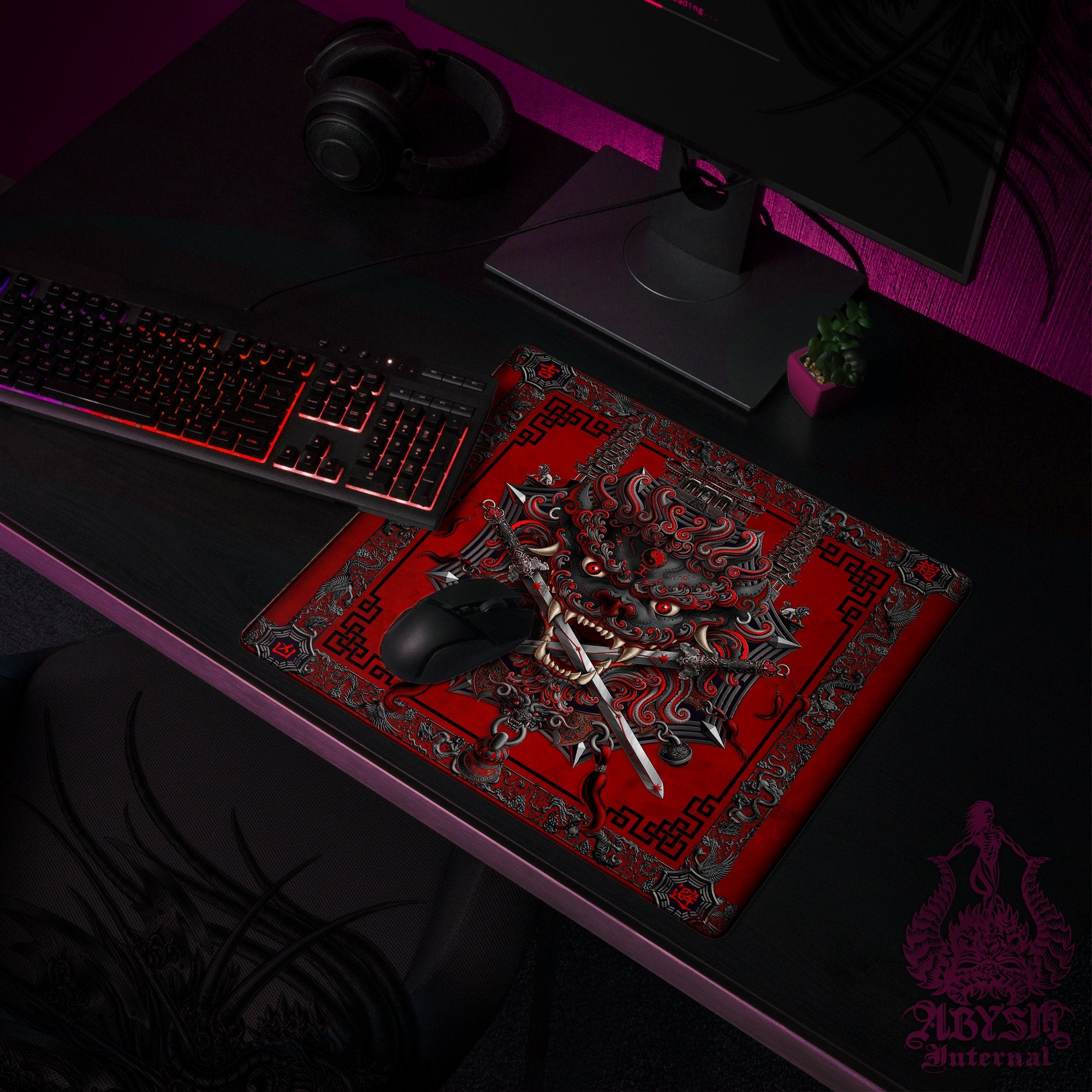 Gothic Lion Desk Mat, Asian Gaming Mouse Pad, Taiwan Table Protector Cover, Chinese Workpad, Fantasy Art Print - Bloody Red and Black - Abysm Internal