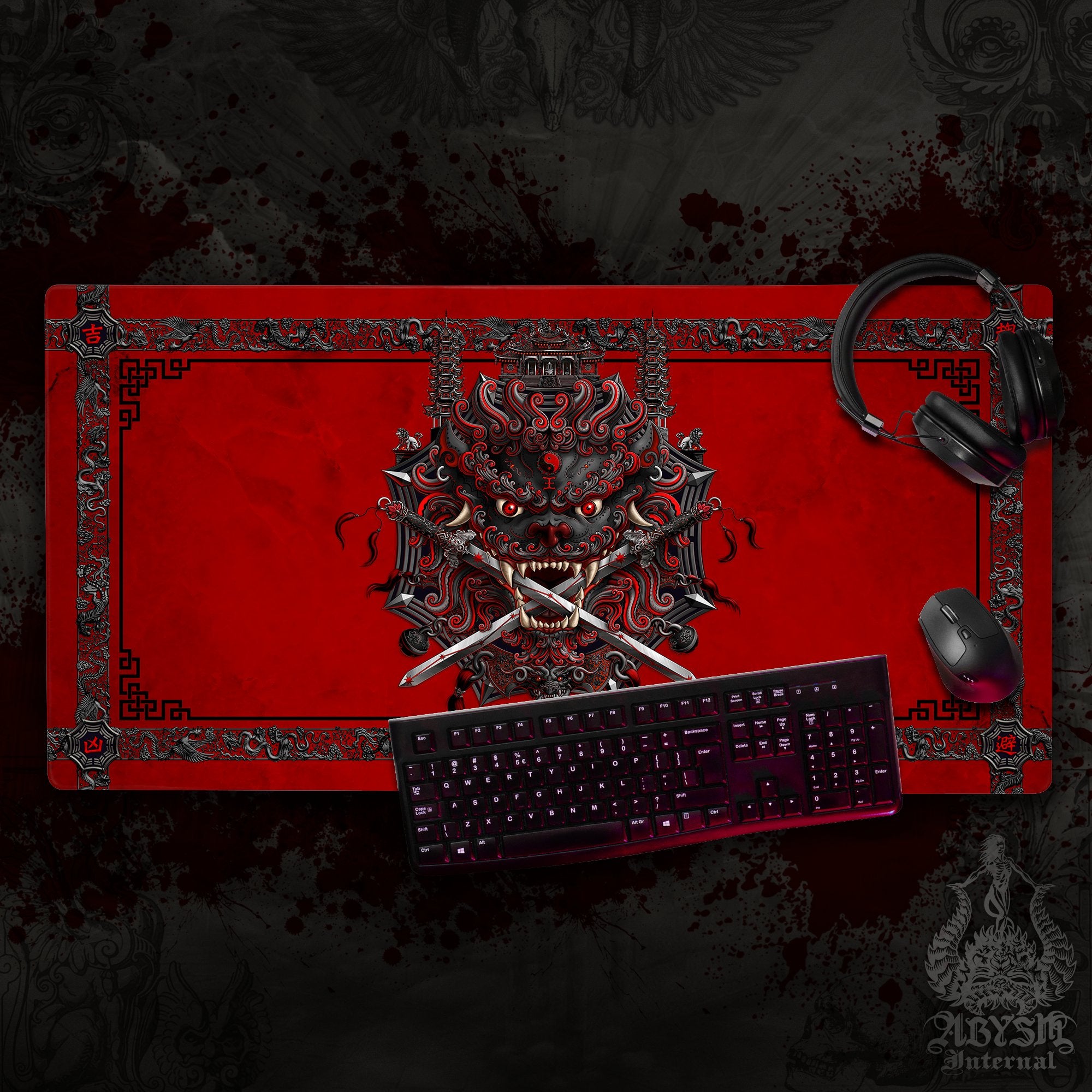 Gothic Lion Desk Mat, Asian Gaming Mouse Pad, Taiwan Table Protector Cover, Chinese Workpad, Fantasy Art Print - Bloody Red and Black - Abysm Internal