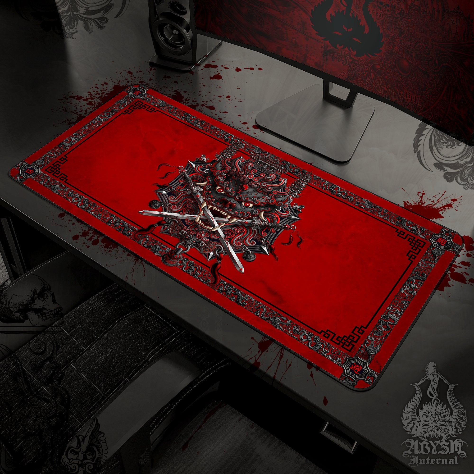 Gothic Lion Desk Mat, Asian Gaming Mouse Pad, Taiwan Table Protector Cover, Chinese Workpad, Fantasy Art Print - Bloody Red and Black - Abysm Internal