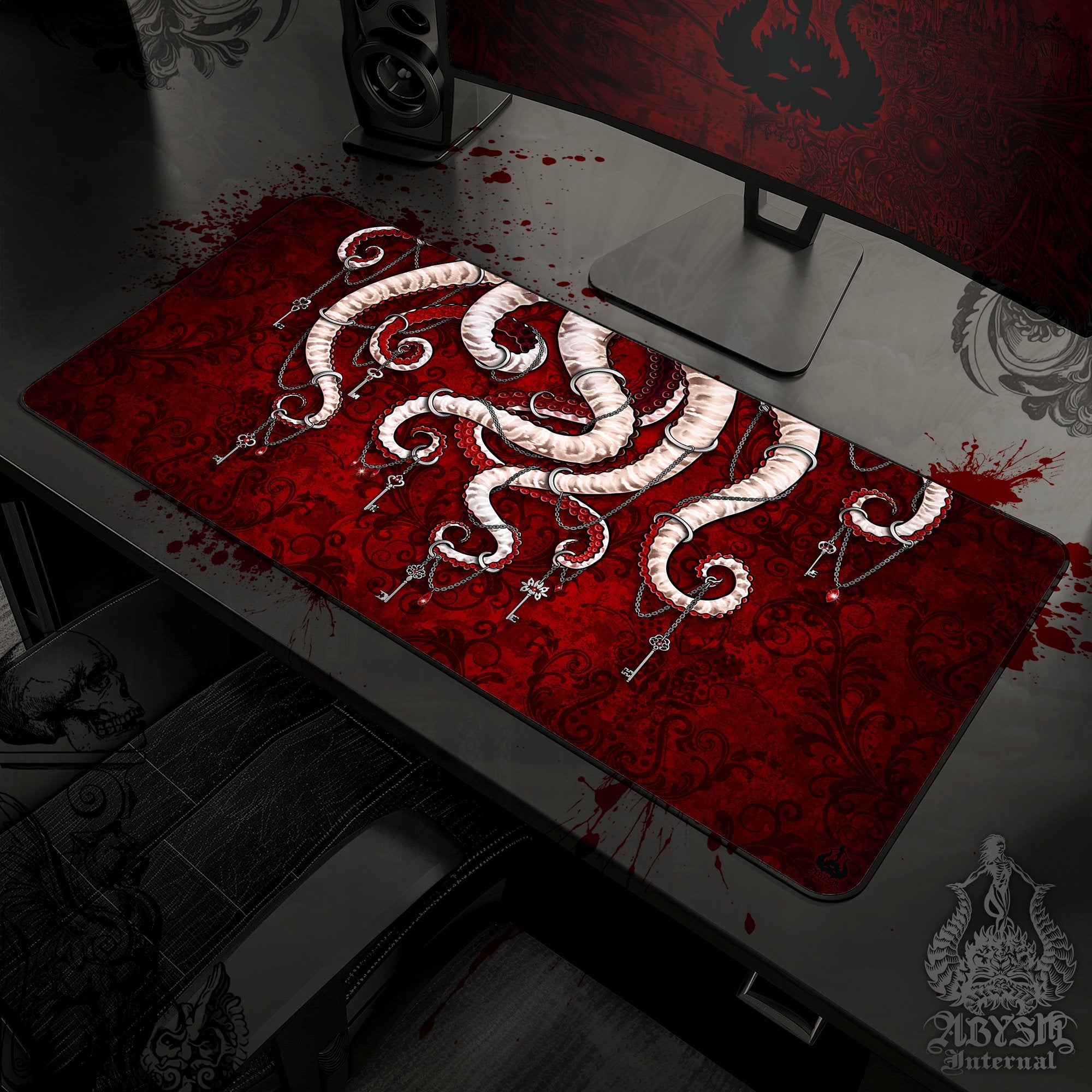Gothic Mouse Pad, Octopus Gaming Desk Mat, White Tentacles Workpad, Bloody Goth Table Protector Cover, Fantasy Art Print - Red - Abysm Internal