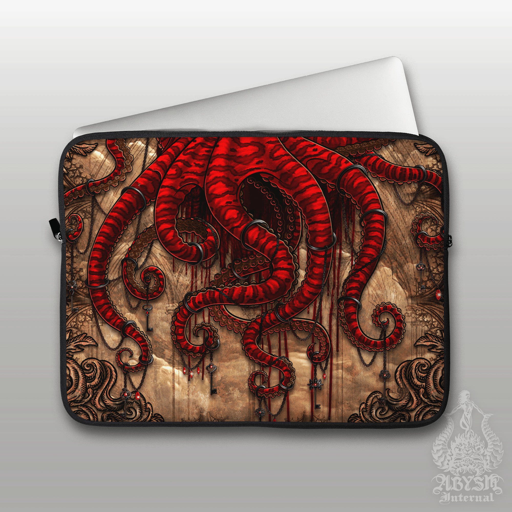 Gothic Octopus Laptop Case – Beige Goth Horror Tentacles, 13" & 15", Dark Fantasy Art, Printed Padded Soft Sleeve - Abysm Internal