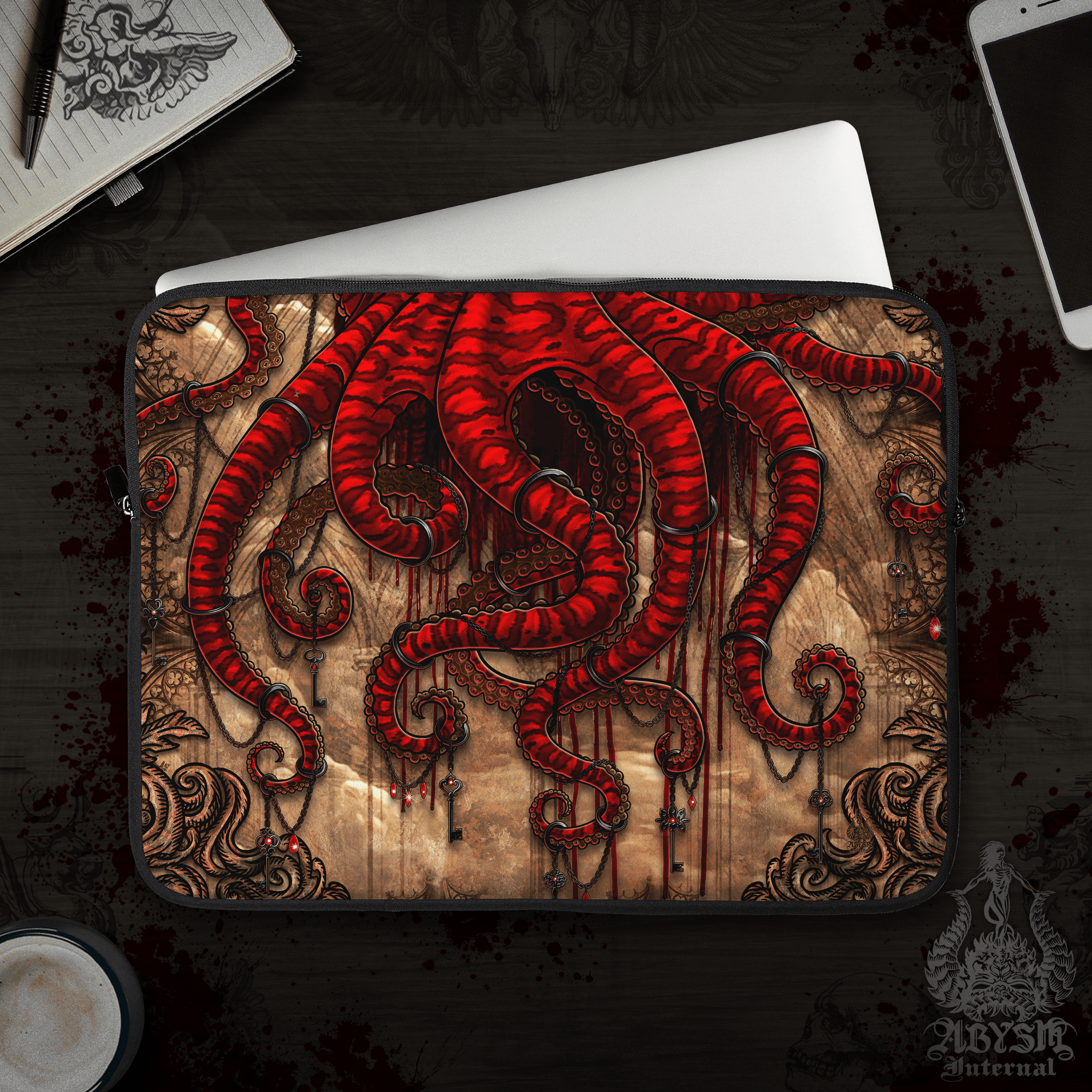 Gothic Octopus Laptop Case – Beige Goth Horror Tentacles, 13" & 15", Dark Fantasy Art, Printed Padded Soft Sleeve - Abysm Internal