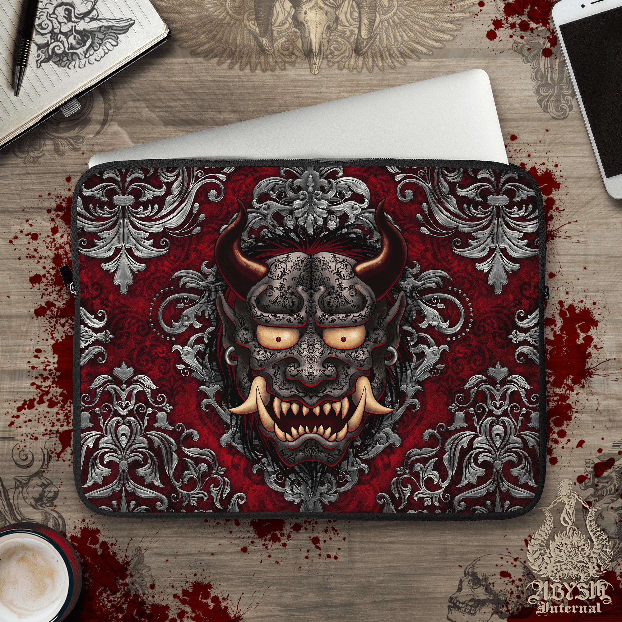 Gothic Oni Laptop Case – Goth Japanese Demon, 13" & 15", Dark Fantasy Art, Printed Padded Soft Sleeve - Abysm Internal