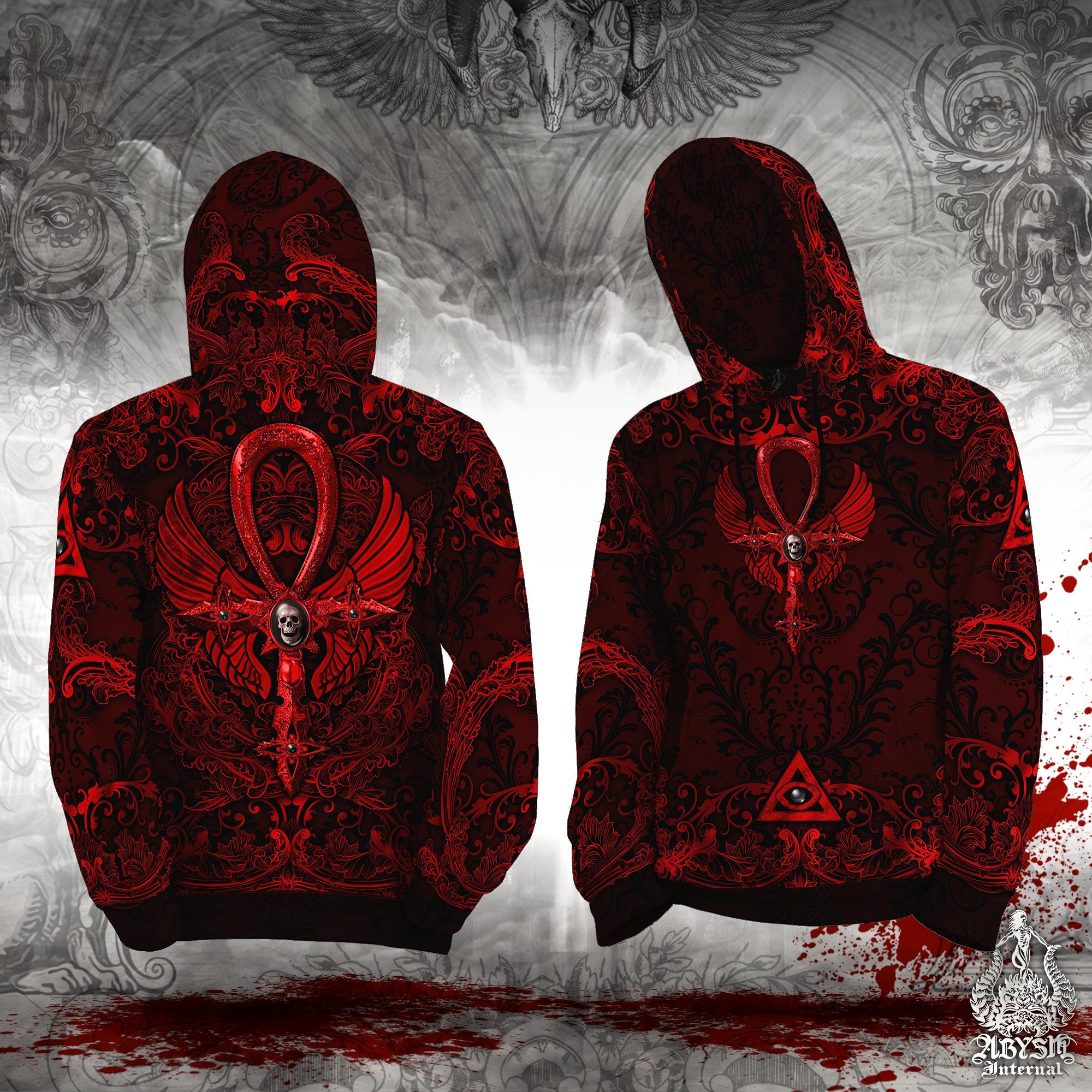Gothic Pullover, Dark Red Hoodie, Goth Streetwear, Bloody Ankh Cross Sweater, Alternative Clothing, Unisex - Black, Gold, 3 Colors - Abysm Internal