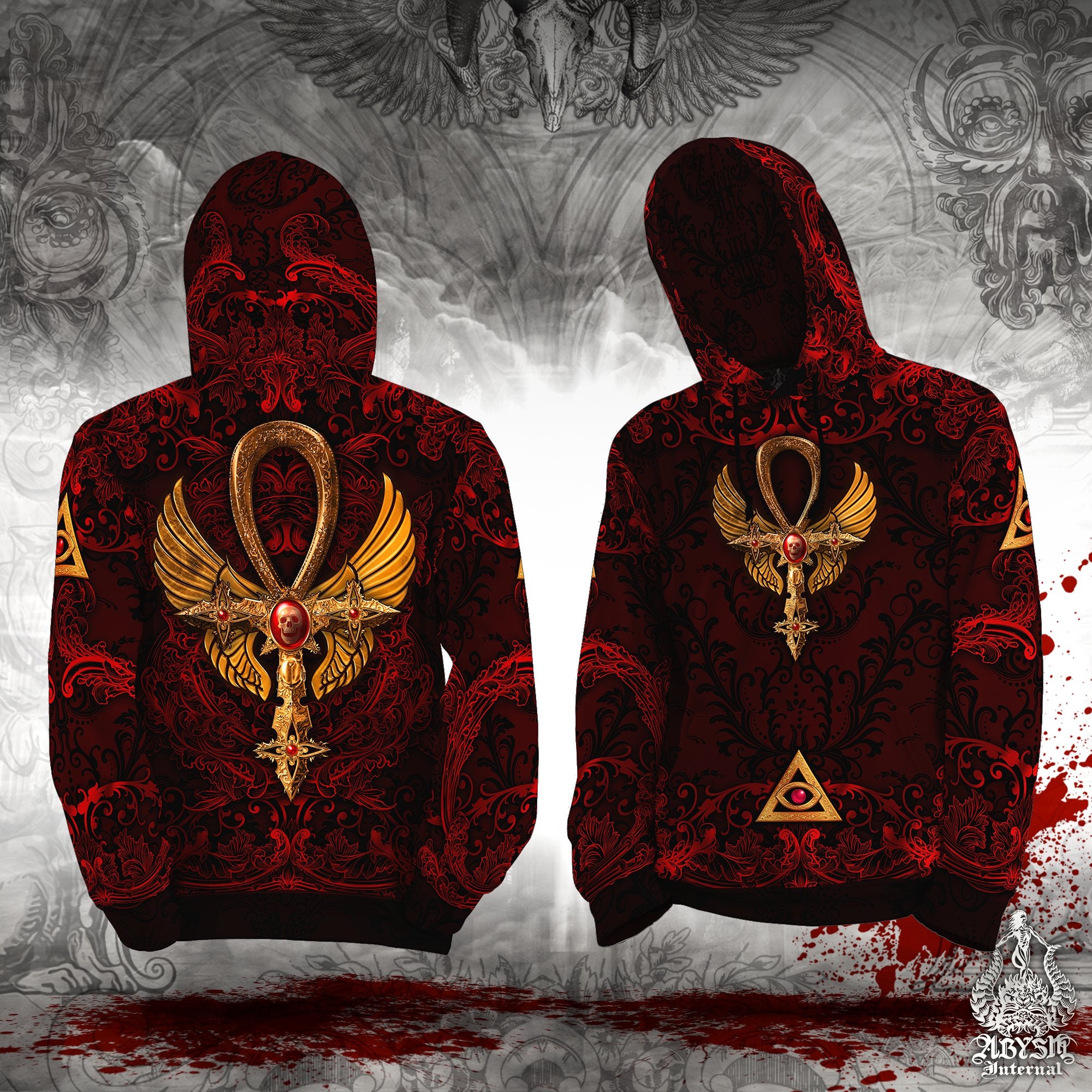 Gothic Pullover, Dark Red Hoodie, Goth Streetwear, Bloody Ankh Cross Sweater, Alternative Clothing, Unisex - Black, Gold, 3 Colors - Abysm Internal