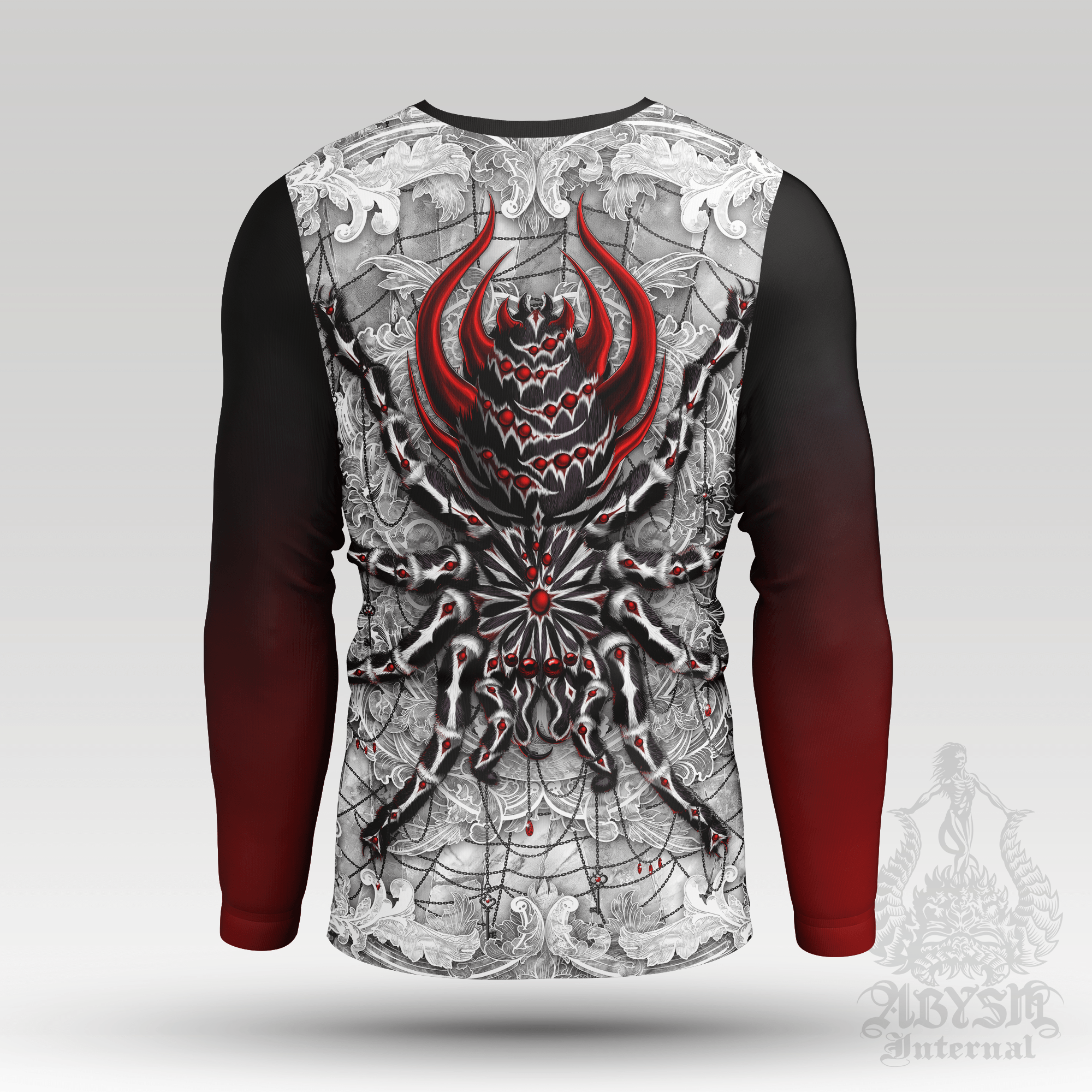 Gothic Rash Guard - Black Spider Long Sleeve Surf Shirt, Stone Red Sports Top | White Goth Art UV Protection Activewear for Men and Women - Abysm Internal