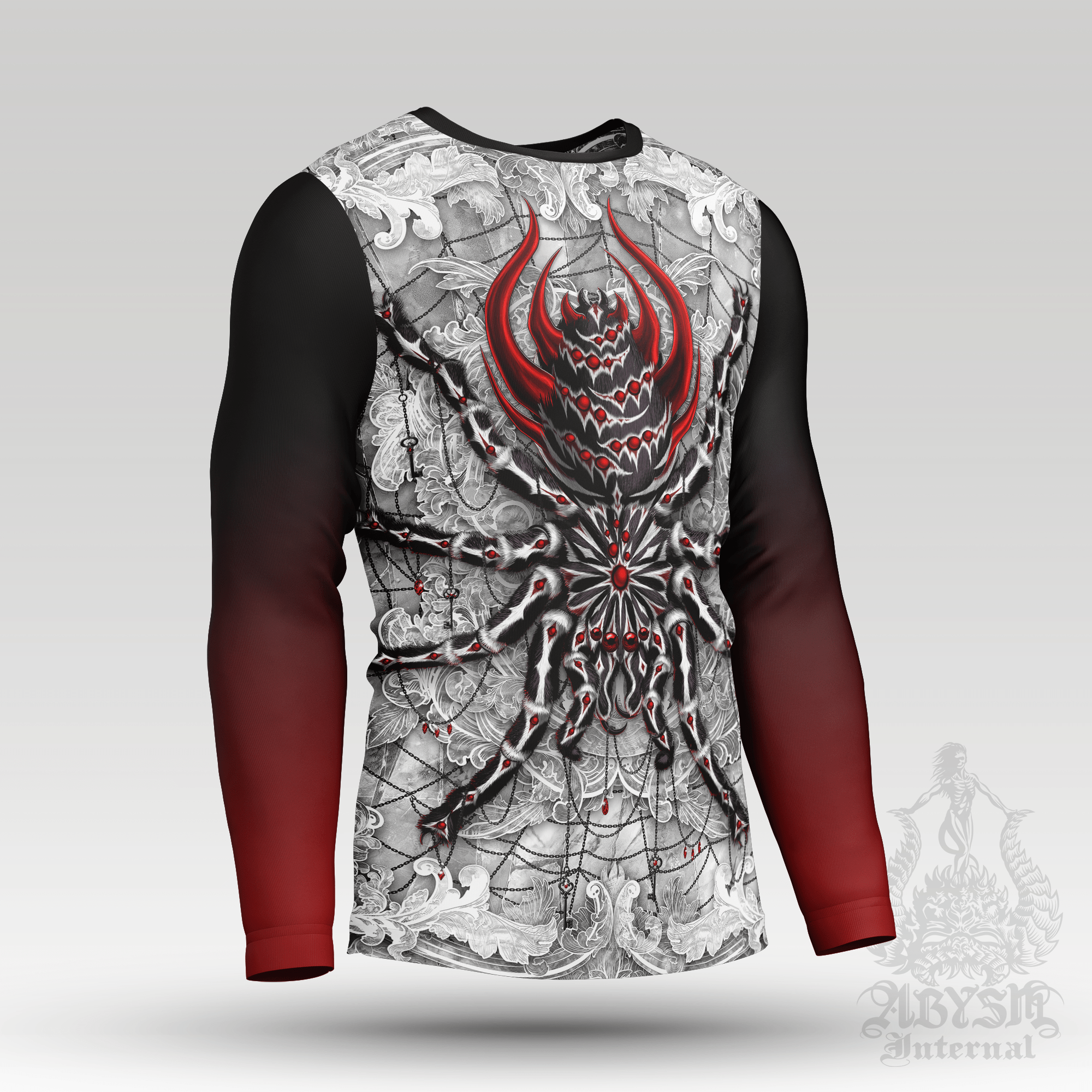 Gothic Rash Guard - Black Spider Long Sleeve Surf Shirt, Stone Red Sports Top | White Goth Art UV Protection Activewear for Men and Women - Abysm Internal