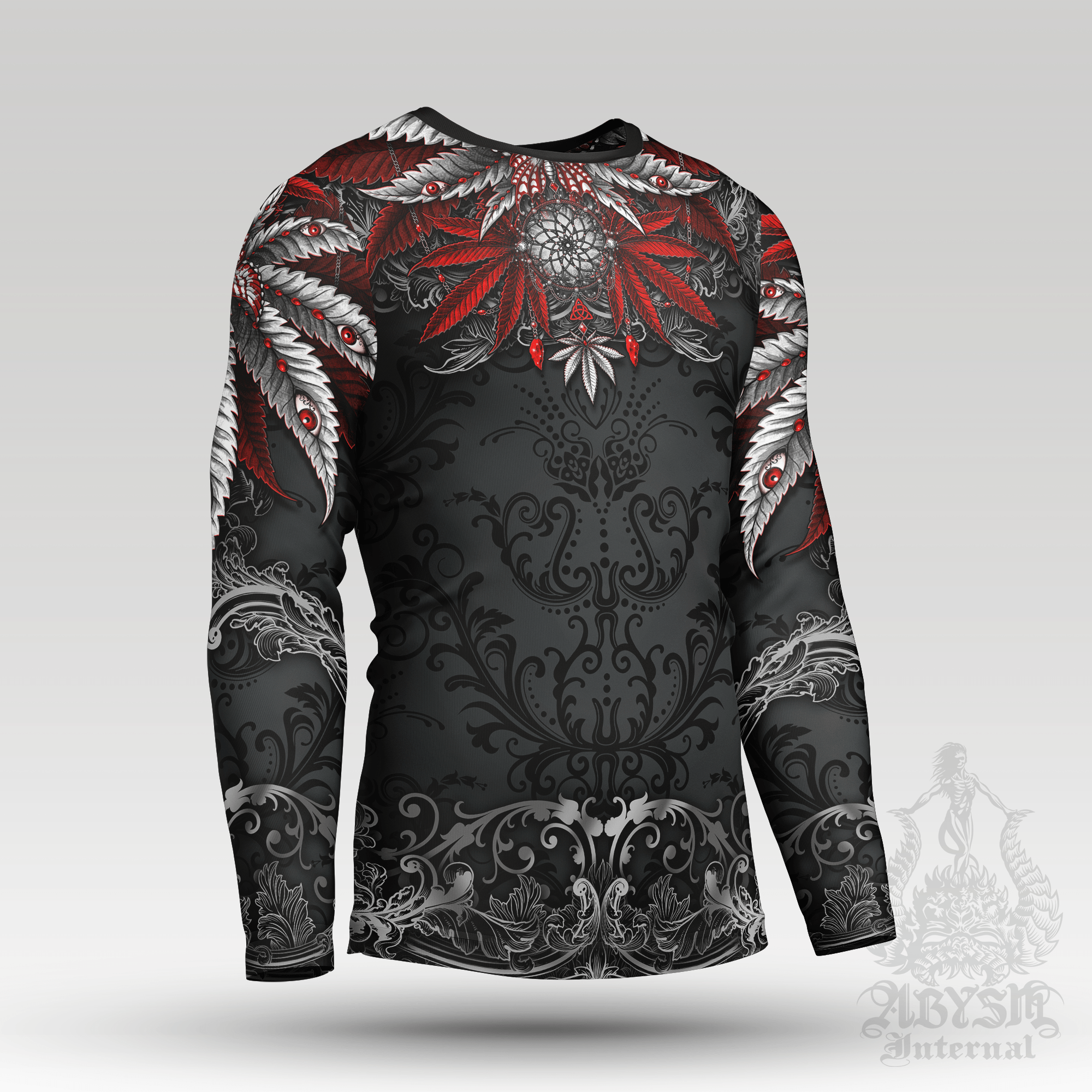 Gothic Rash Guard - Cannabis Long Sleeve Surf Shirt, Dark Black Sports Top | Marijuana Weed 420 Art UV Protection Activewear for Men and Women - Abysm Internal