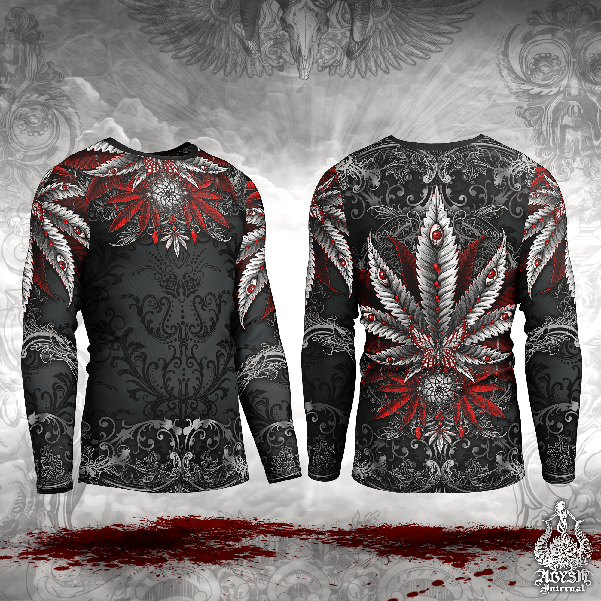 Gothic Rash Guard - Cannabis Long Sleeve Surf Shirt, Dark Black Sports Top | Marijuana Weed 420 Art UV Protection Activewear for Men and Women - Abysm Internal