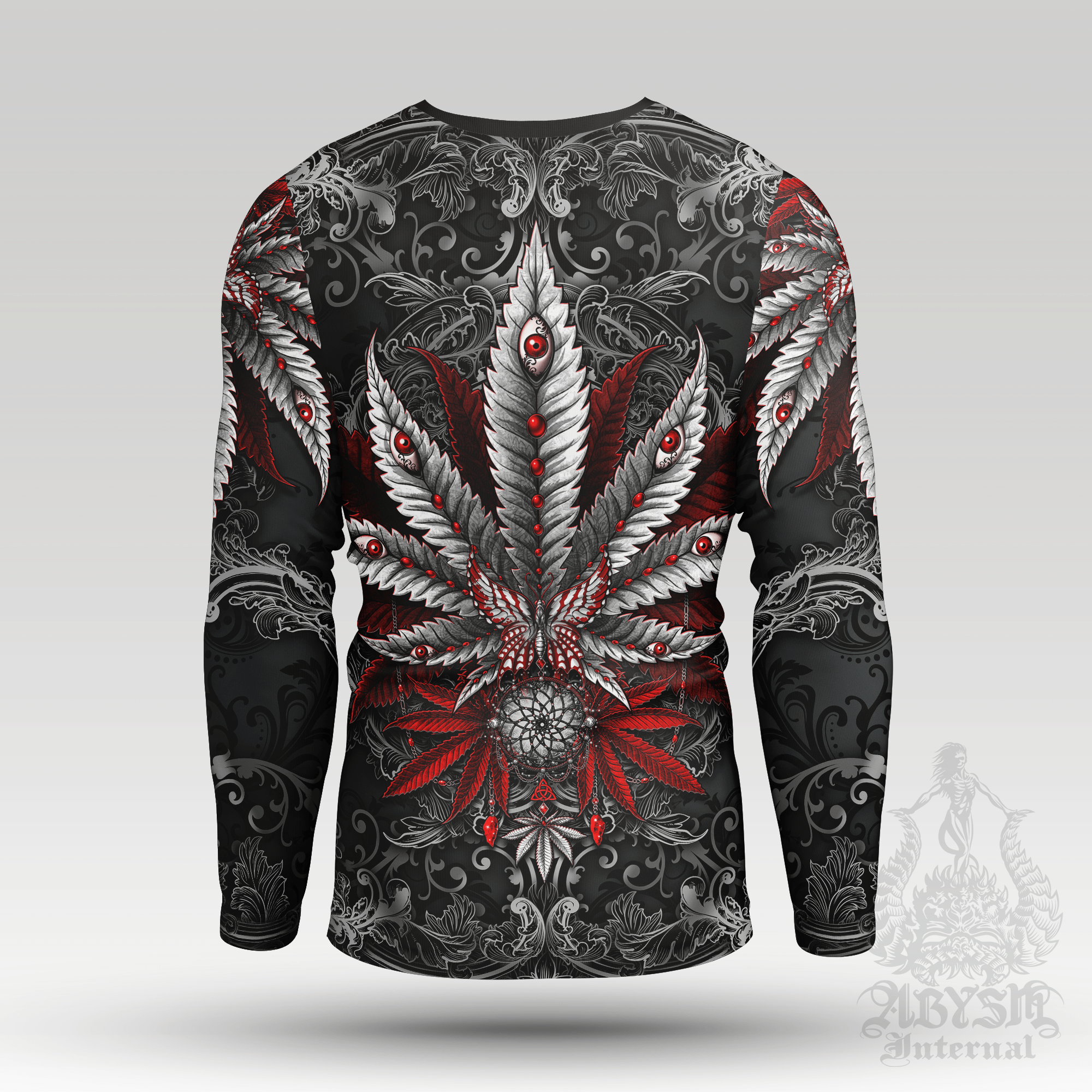 Gothic Rash Guard - Cannabis Long Sleeve Surf Shirt, Dark Black Sports Top | Marijuana Weed 420 Art UV Protection Activewear for Men and Women - Abysm Internal