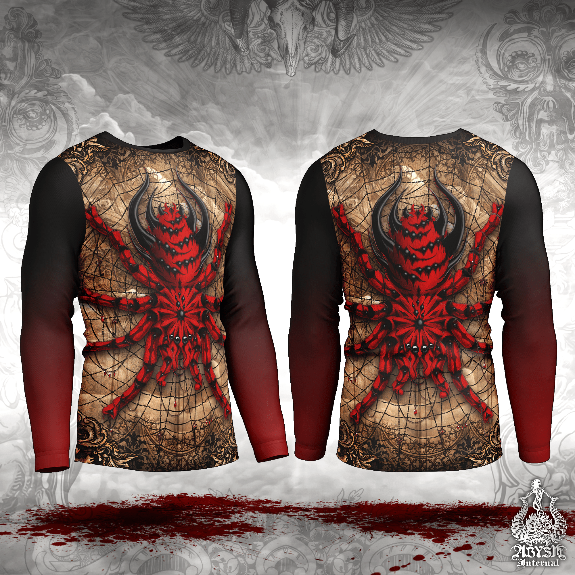 Gothic Rash Guard - Spider Long Sleeve Surf Shirt, Beige Red Halloween Sports Top | Goth Horror Art UV Protection Activewear for Men and Women - Abysm Internal