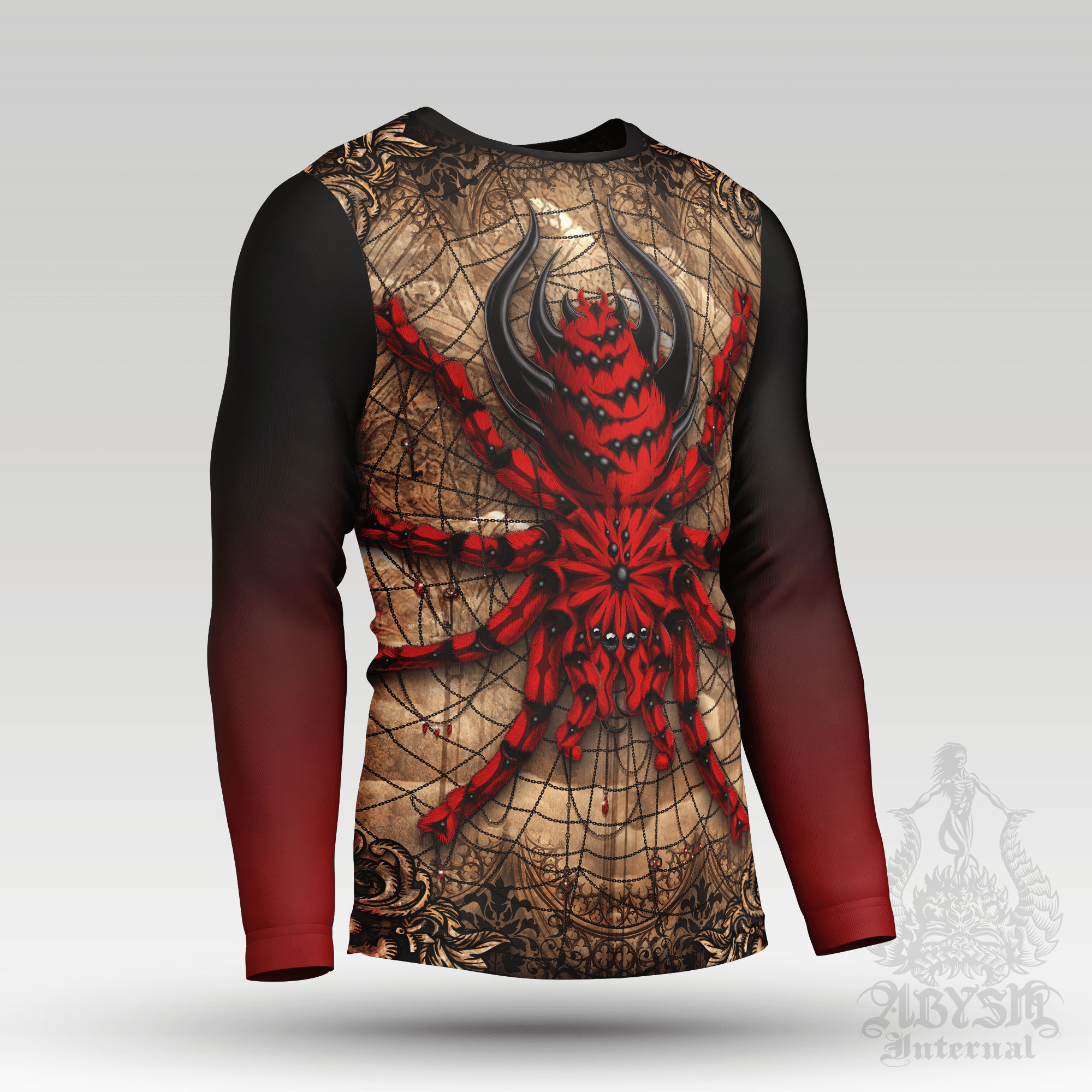 Gothic Rash Guard - Spider Long Sleeve Surf Shirt, Beige Red Halloween Sports Top | Goth Horror Art UV Protection Activewear for Men and Women - Abysm Internal