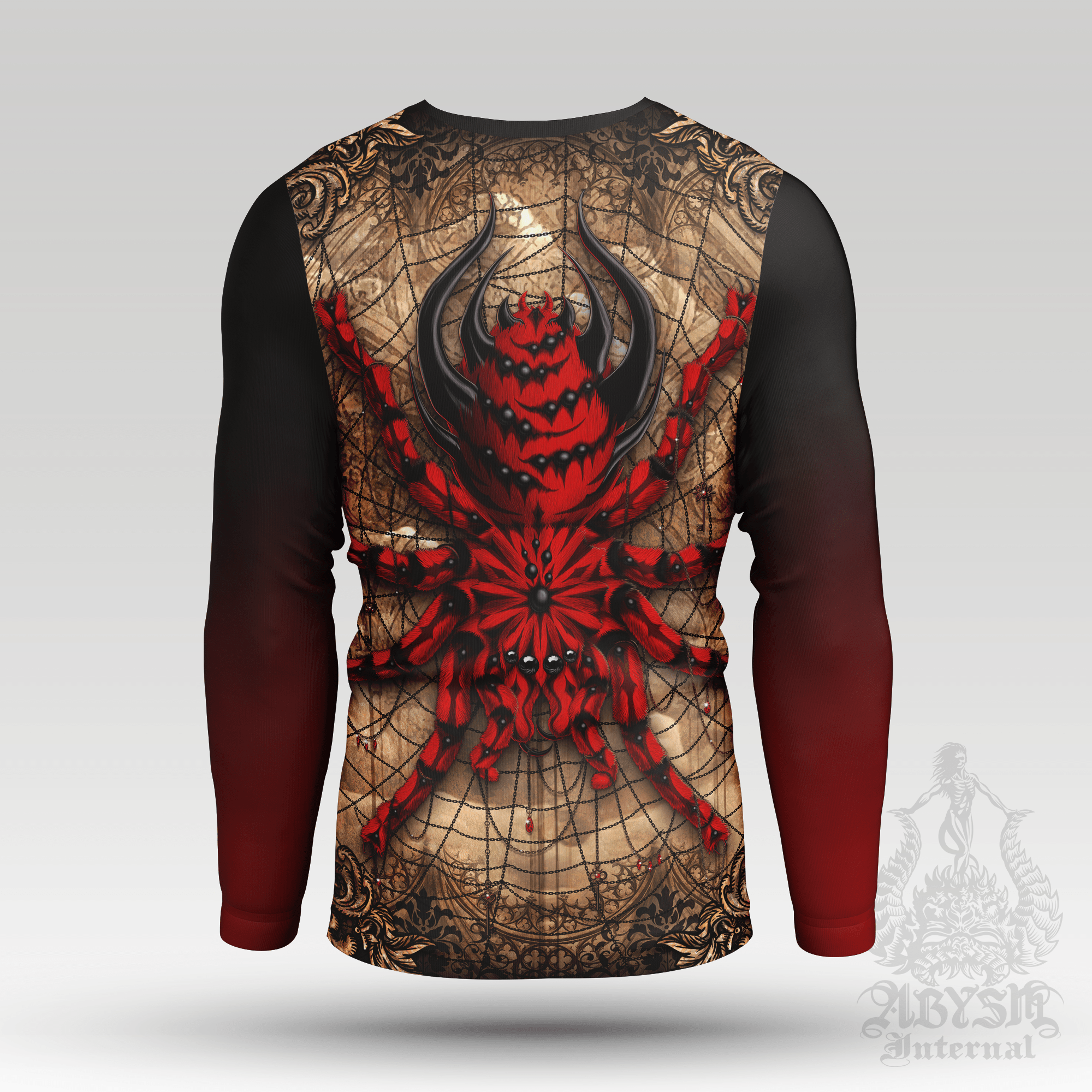Gothic Rash Guard - Spider Long Sleeve Surf Shirt, Beige Red Halloween Sports Top | Goth Horror Art UV Protection Activewear for Men and Women - Abysm Internal