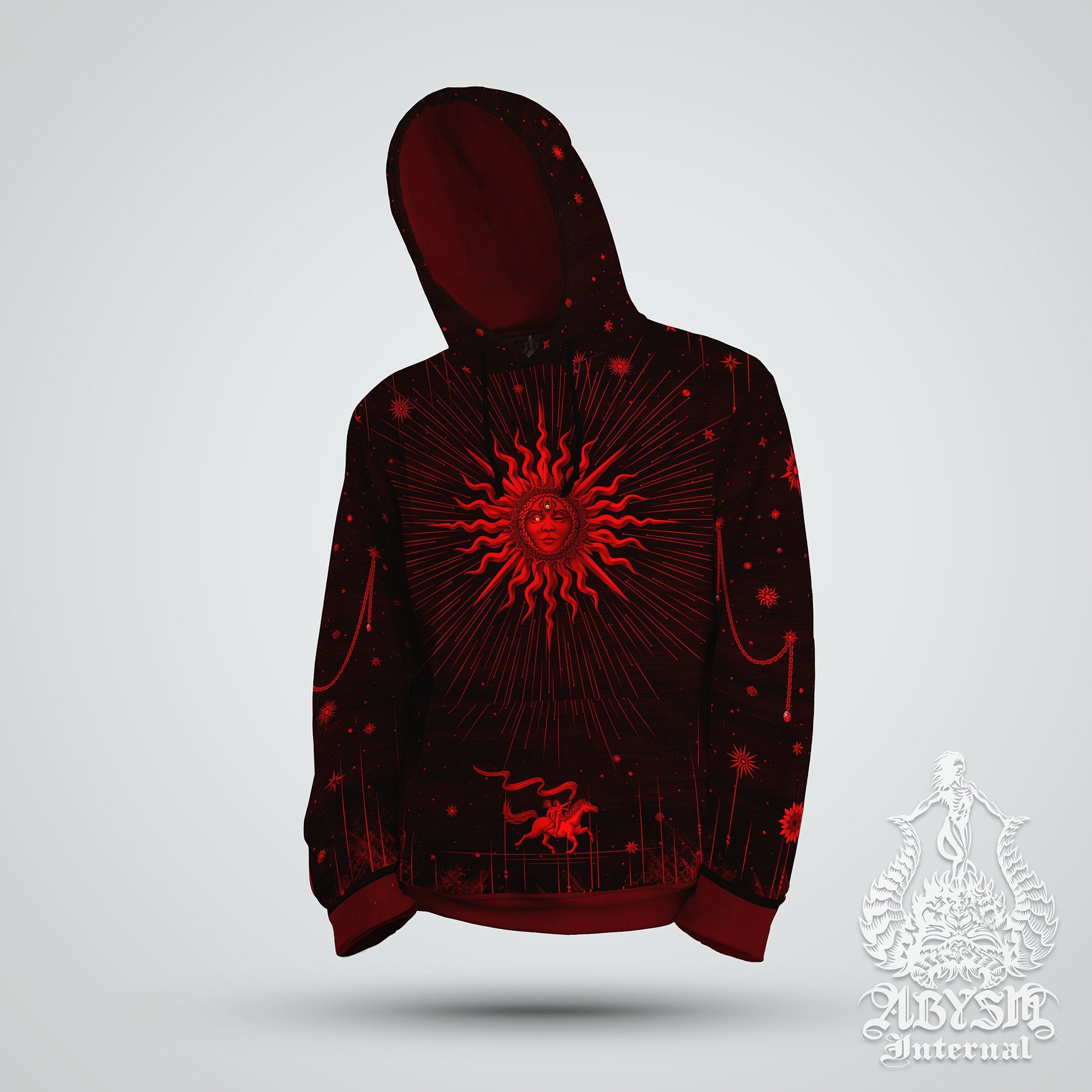 Gothic Red Sun Hoodie, Sorcerer Pullover, Witchy Sweater, Goth Tarot Arcana Outfit, Magic and Esoteric Streetwear, Black Alternative Clothing, Unisex - Abysm Internal